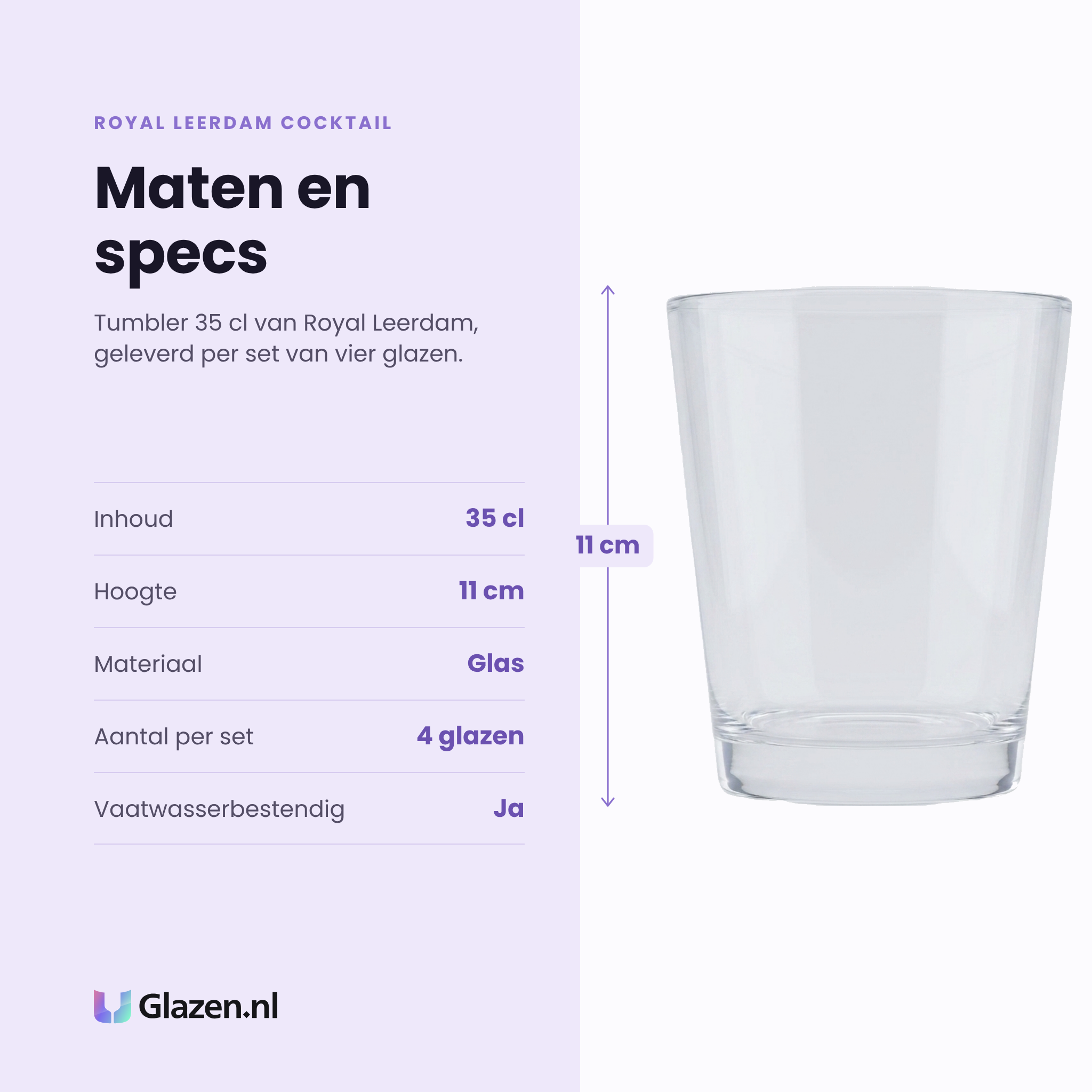 Royal Leerdam Cocktail tumbler 35 cl specificaties: inhoud 35 cl, hoogte 11 cm, glas, set van 4