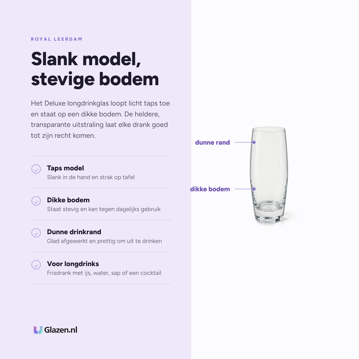 Infographic met de eigenschappen van Royal Leerdam Deluxe longdrinkglas 35 cl