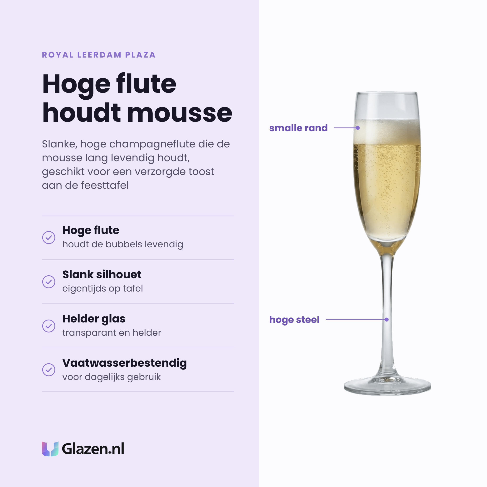 Royal Leerdam Plaza champagneflute 19 cl eigenschappen: hoge flute houdt de bubbels levendig, slank silhouet, helder transparant glas, vaatwasserbestendig