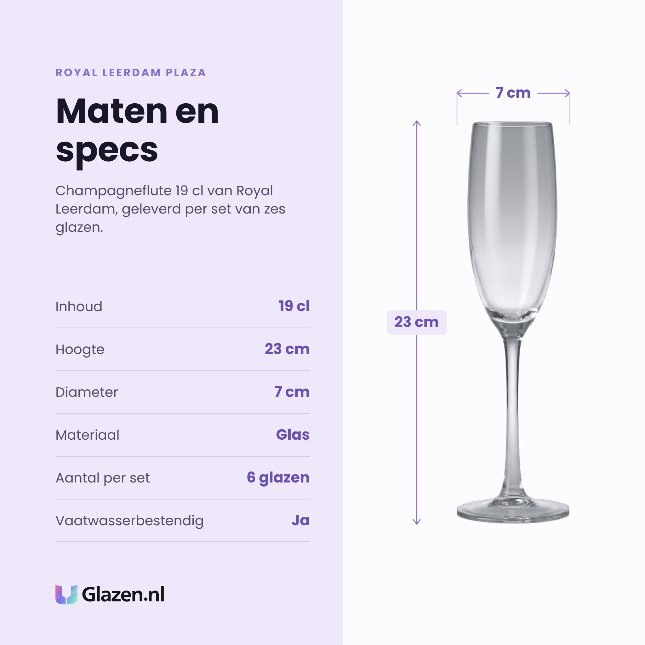Royal Leerdam Plaza champagneflute 19 cl specificaties: inhoud 19 cl, hoogte 23 cm, diameter 7 cm, glas, set van 6