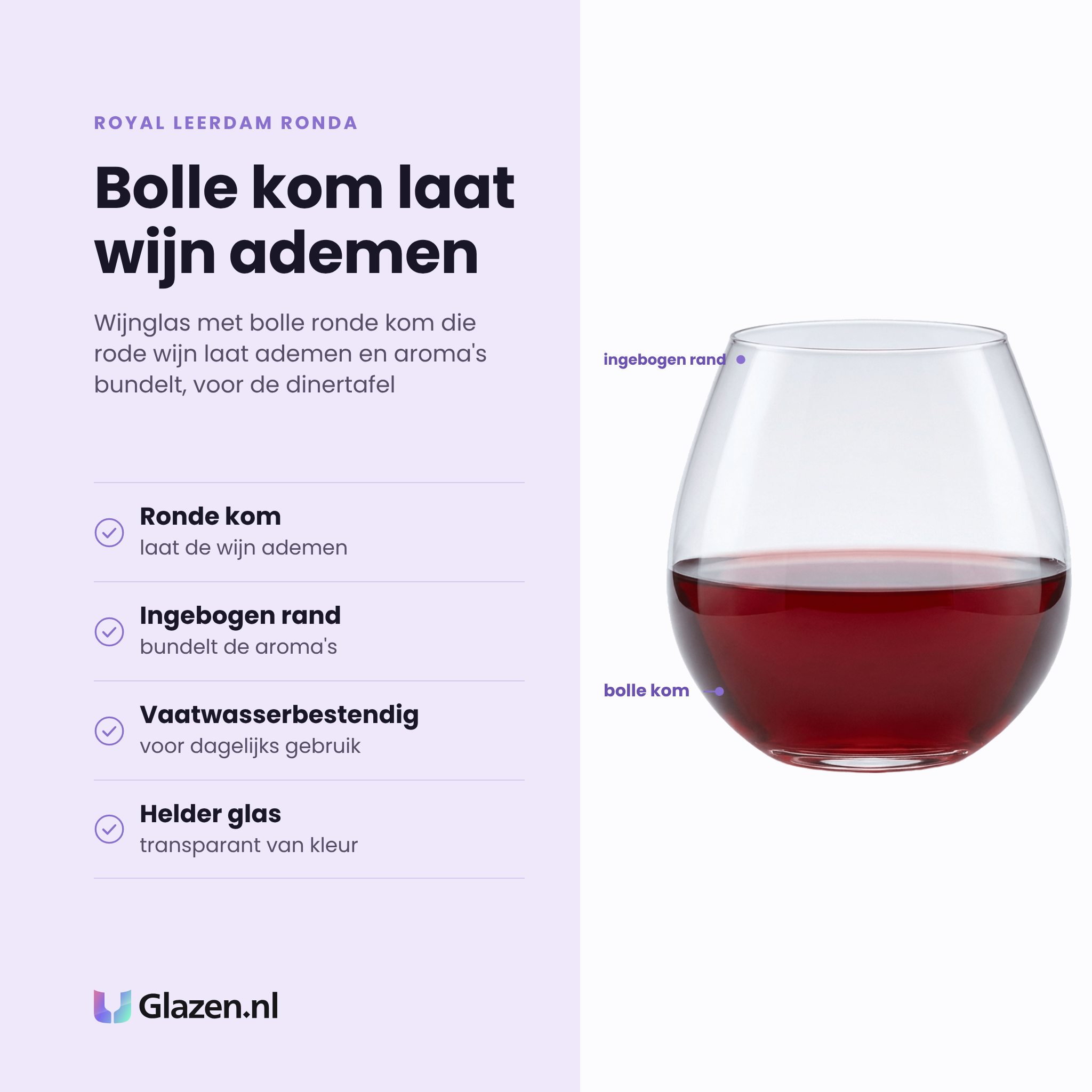 Royal Leerdam Ronda wijnglas 47 cl eigenschappen: ronde kom laat de wijn ademen, ingebogen rand bundelt aroma's, vaatwasserbestendig, helder glas