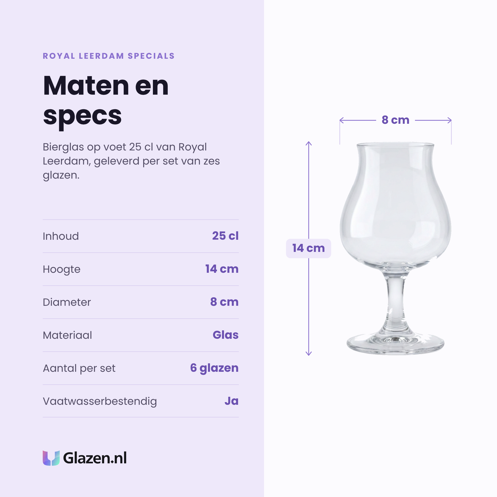 Royal Leerdam Specials bierglas op voet 25 cl specificaties: inhoud 25 cl, hoogte 14 cm, diameter 8 cm, glas, set van 6