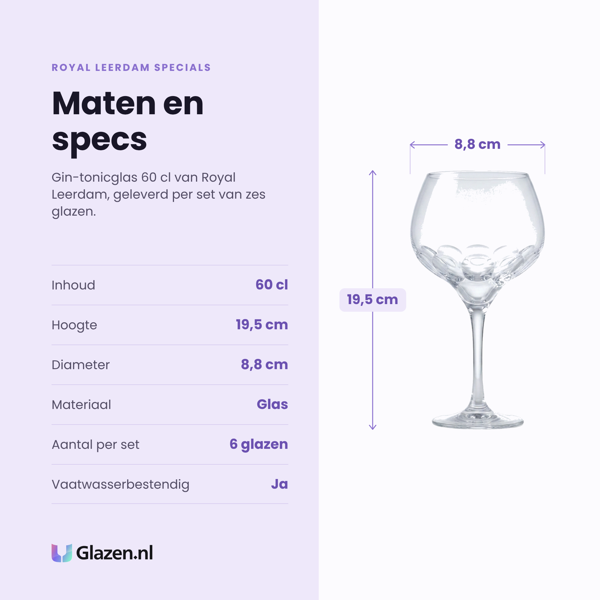 Royal Leerdam Specials gin-tonicglas 60 cl specificaties: inhoud 60 cl, hoogte 19,5 cm, diameter 8,8 cm, glas, set van 6