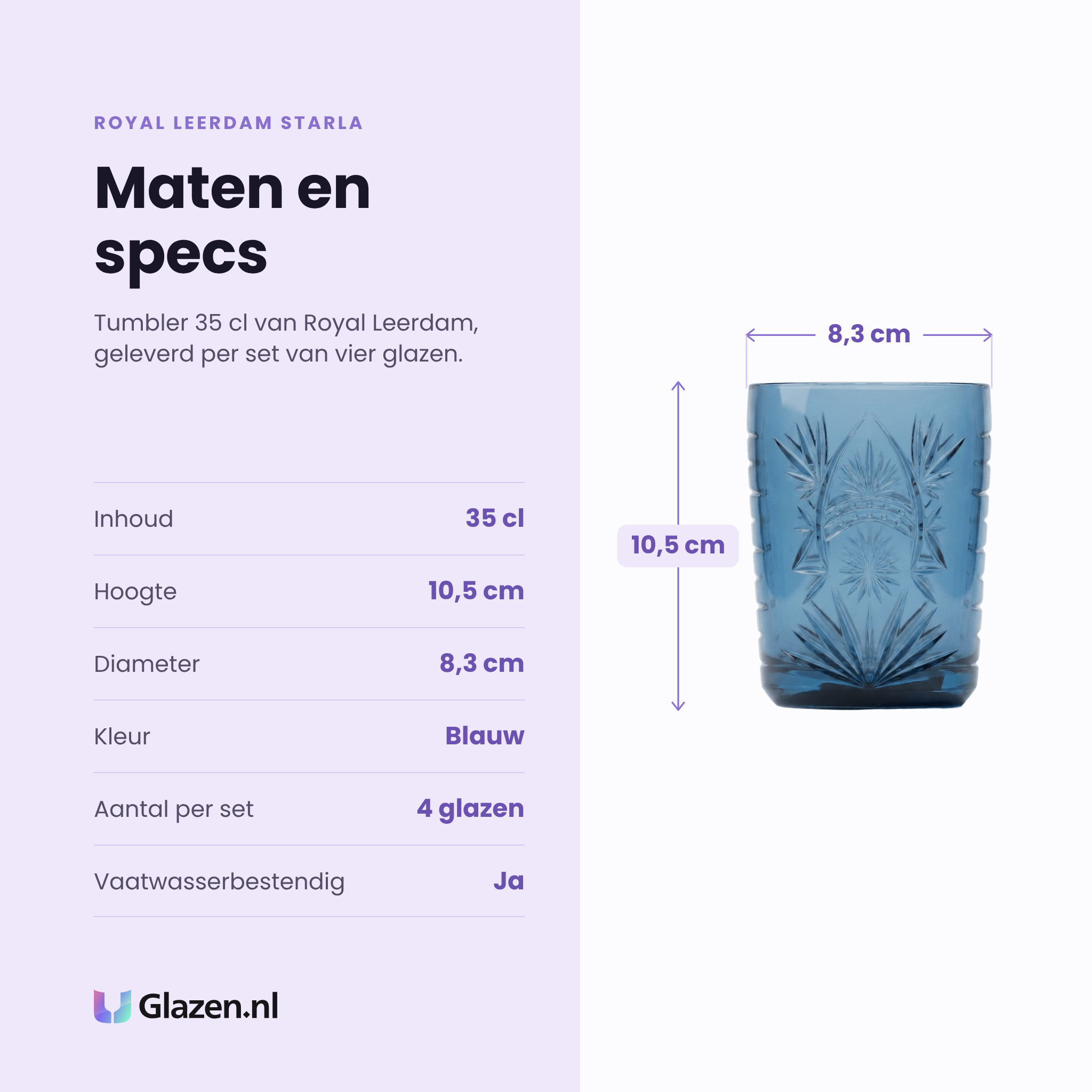 Royal Leerdam Starla tumbler 35 cl specificaties: inhoud 35 cl, hoogte 10,5 cm, diameter 8,3 cm, blauw glas, set van 4