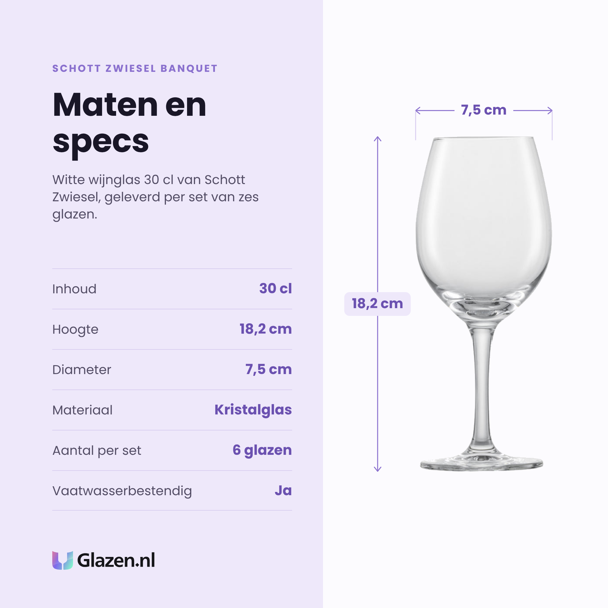 Schott Zwiesel Banquet witte wijnglas 30 cl specificaties: inhoud 30 cl, hoogte 18,2 cm, diameter 7,5 cm, kristalglas, set van 6
