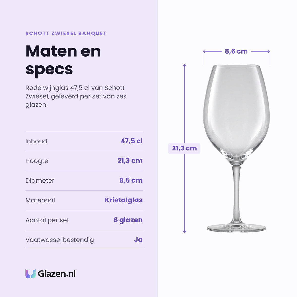 Schott Zwiesel Banquet rode wijnglas 47,5 cl specificaties: inhoud 47,5 cl, hoogte 21,3 cm, diameter 8,6 cm, kristalglas, set van 6