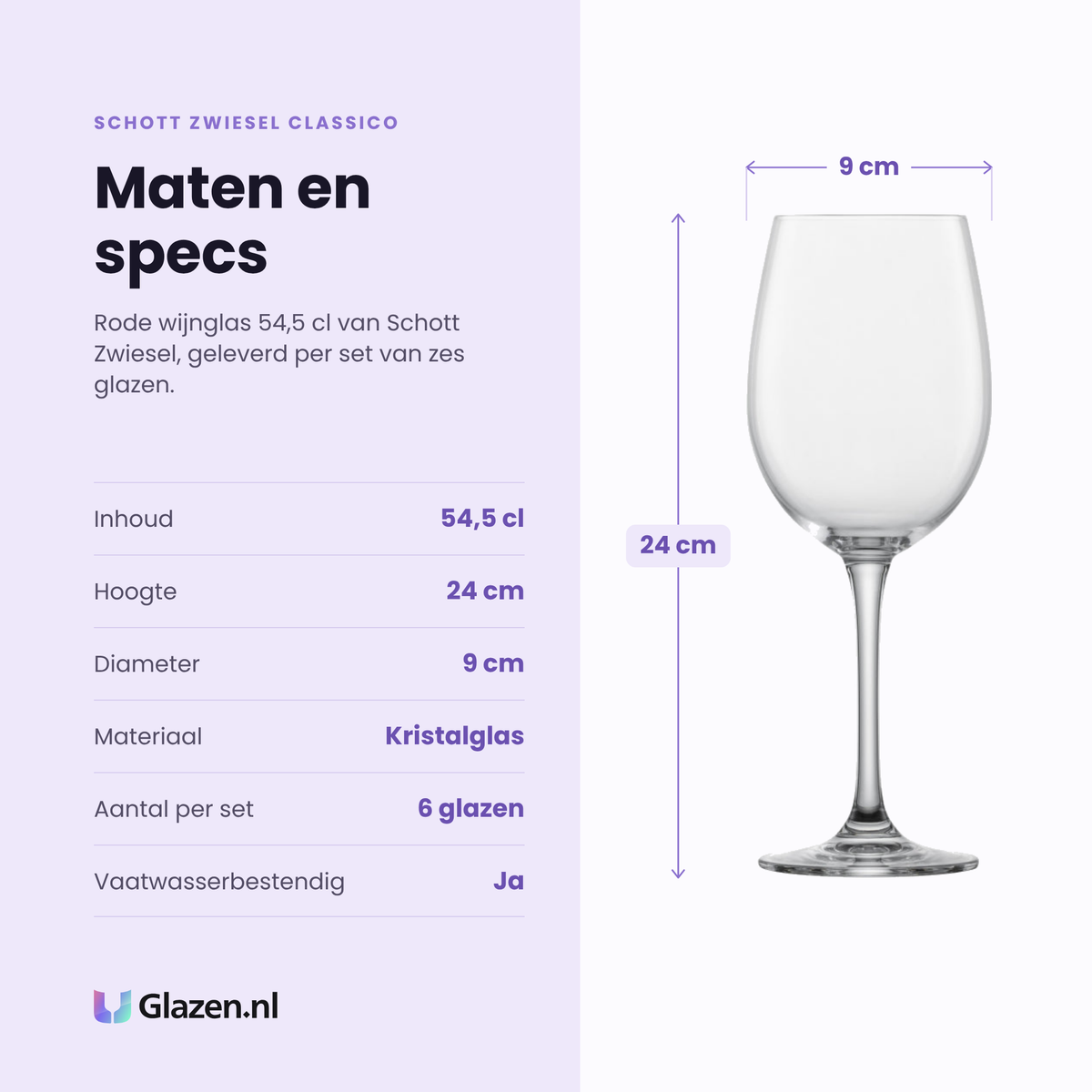 Schott Zwiesel Classico rode wijnglas 54,5 cl specificaties: inhoud 54,5 cl, hoogte 24 cm, diameter 9 cm, kristalglas, set van 6