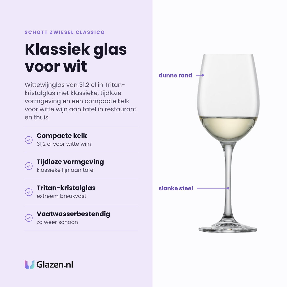 Schott Zwiesel Classico witte wijnglas 31,2 cl eigenschappen: compacte kelk 31,2 cl, klassieke tijdloze vormgeving, tritan-kristalglas, vaatwasserbestendig
