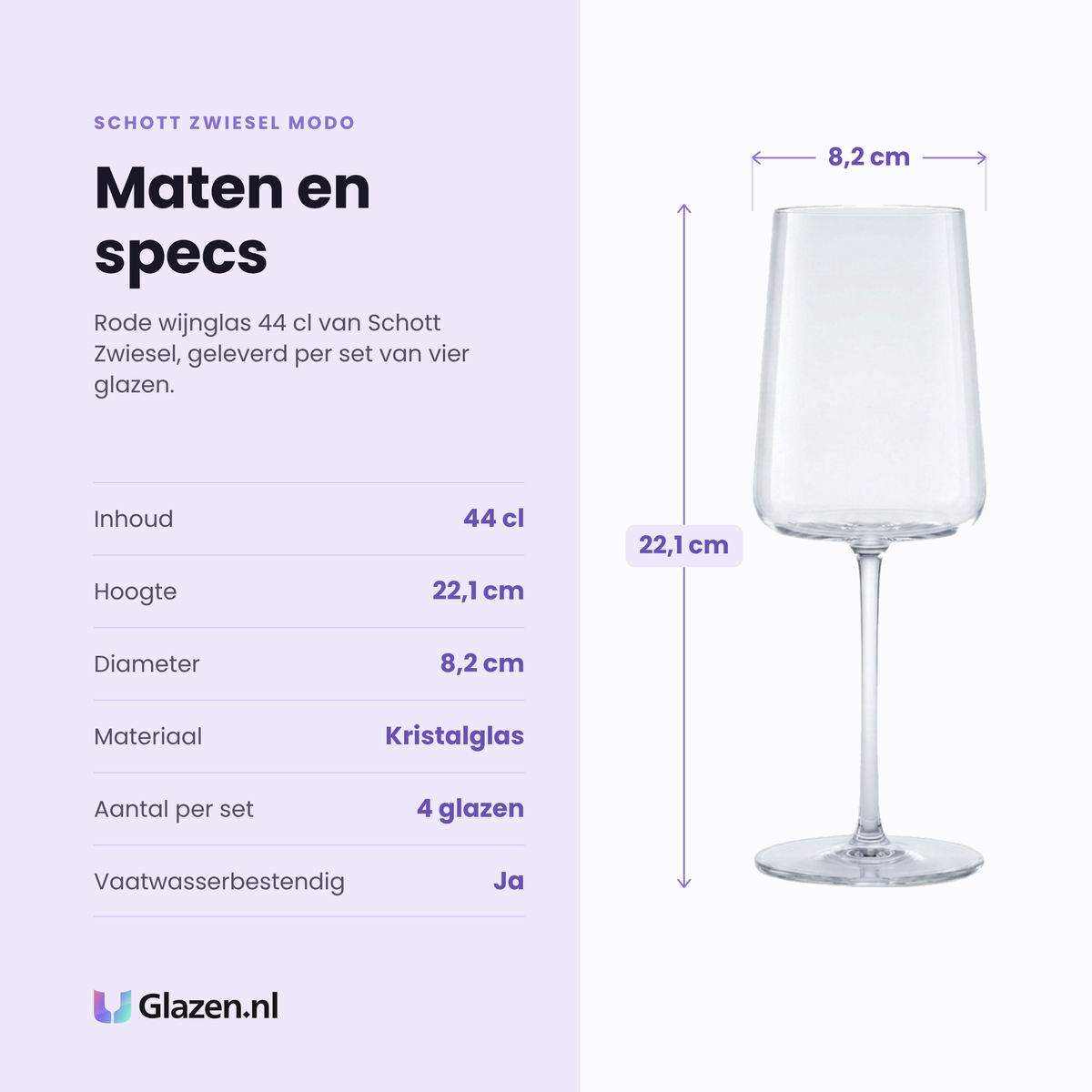 Schott Zwiesel Modo rode wijnglas 44 cl specificaties: inhoud 44 cl, hoogte 22,1 cm, diameter 8,2 cm, kristalglas, set van 4