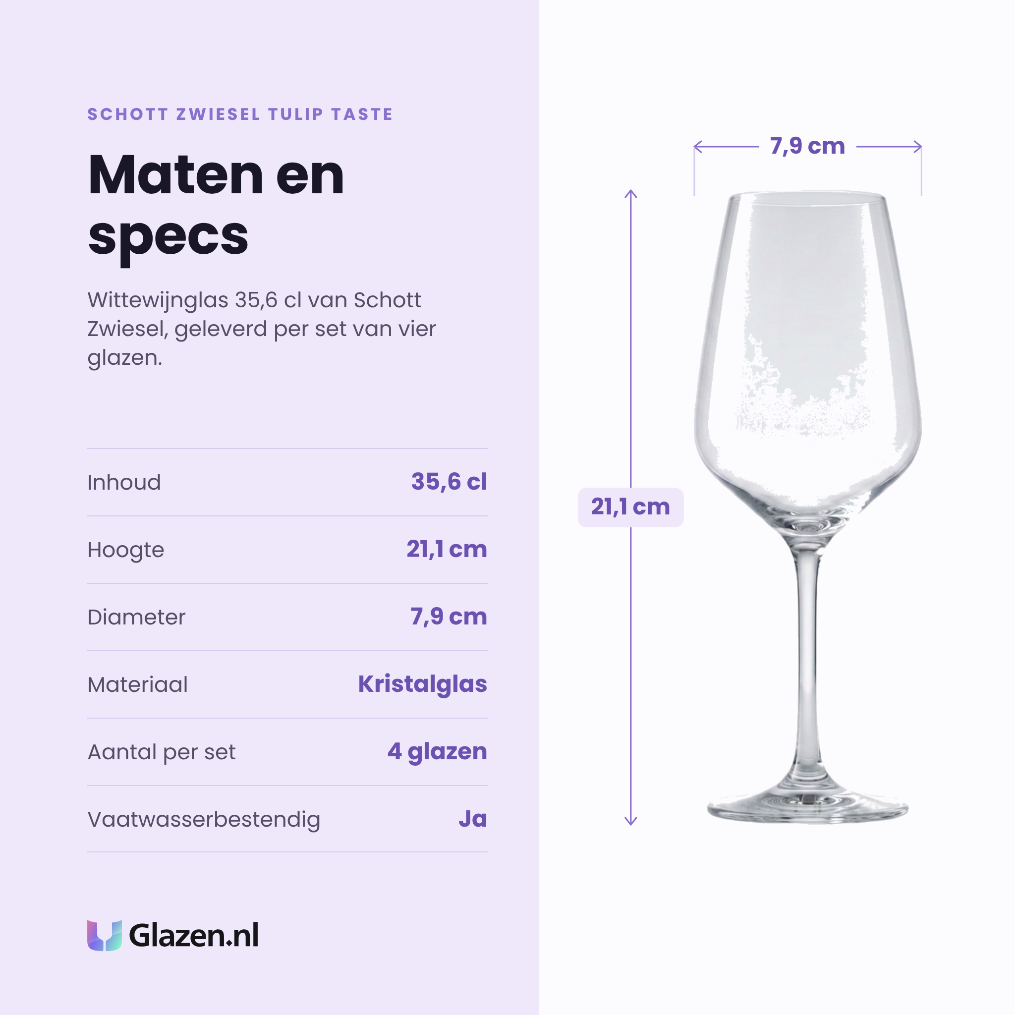 Schott Zwiesel Tulip Taste wittewijnglas 35,6 cl specificaties: inhoud 35,6 cl, hoogte 21,1 cm, diameter 7,9 cm, kristalglas, set van 4