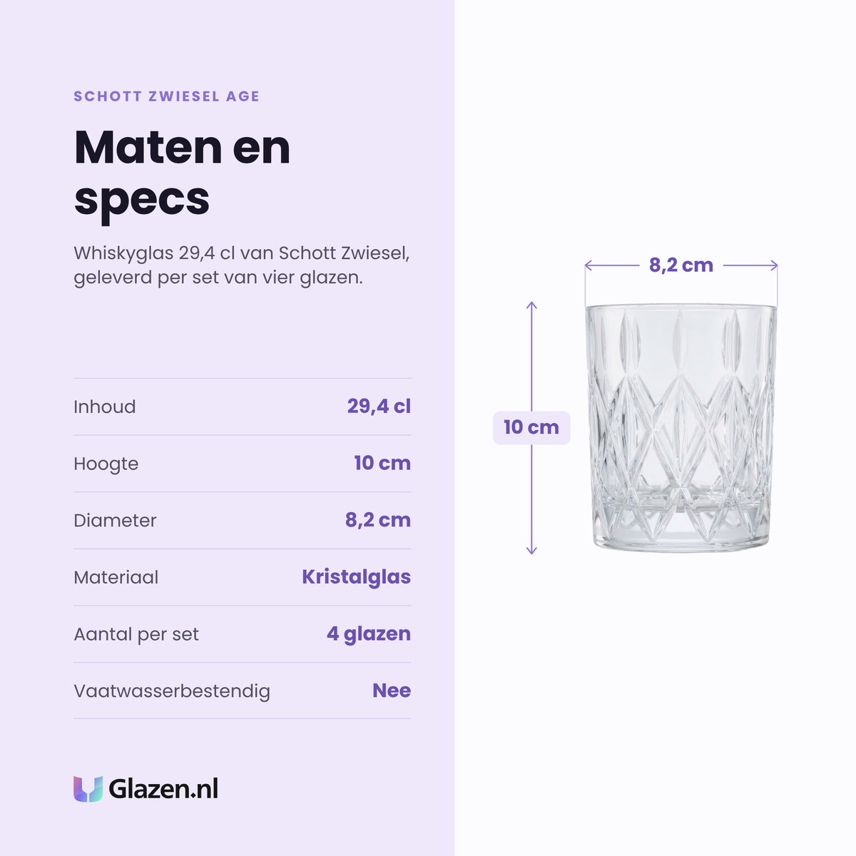 Schott Zwiesel Age whiskyglas 29,4 cl specificaties: inhoud 29,4 cl, hoogte 10 cm, diameter 8,2 cm, kristalglas, set van 4