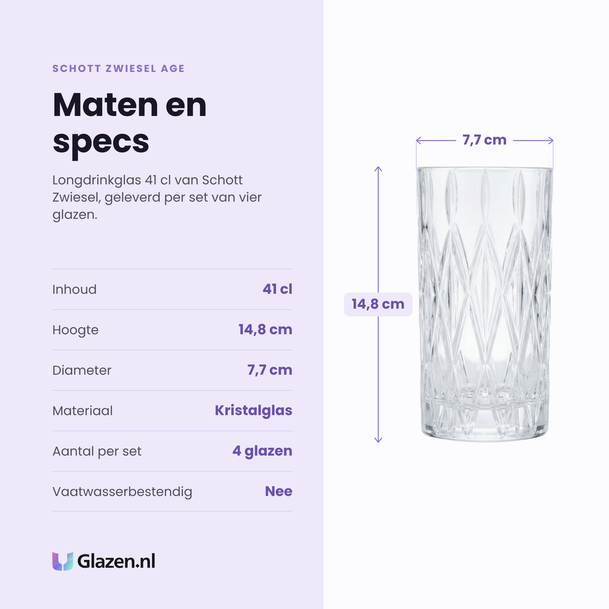 Schott Zwiesel Age longdrinkglas 41 cl specificaties: inhoud 41 cl, hoogte 14,8 cm, diameter 7,7 cm, kristalglas, set van 4