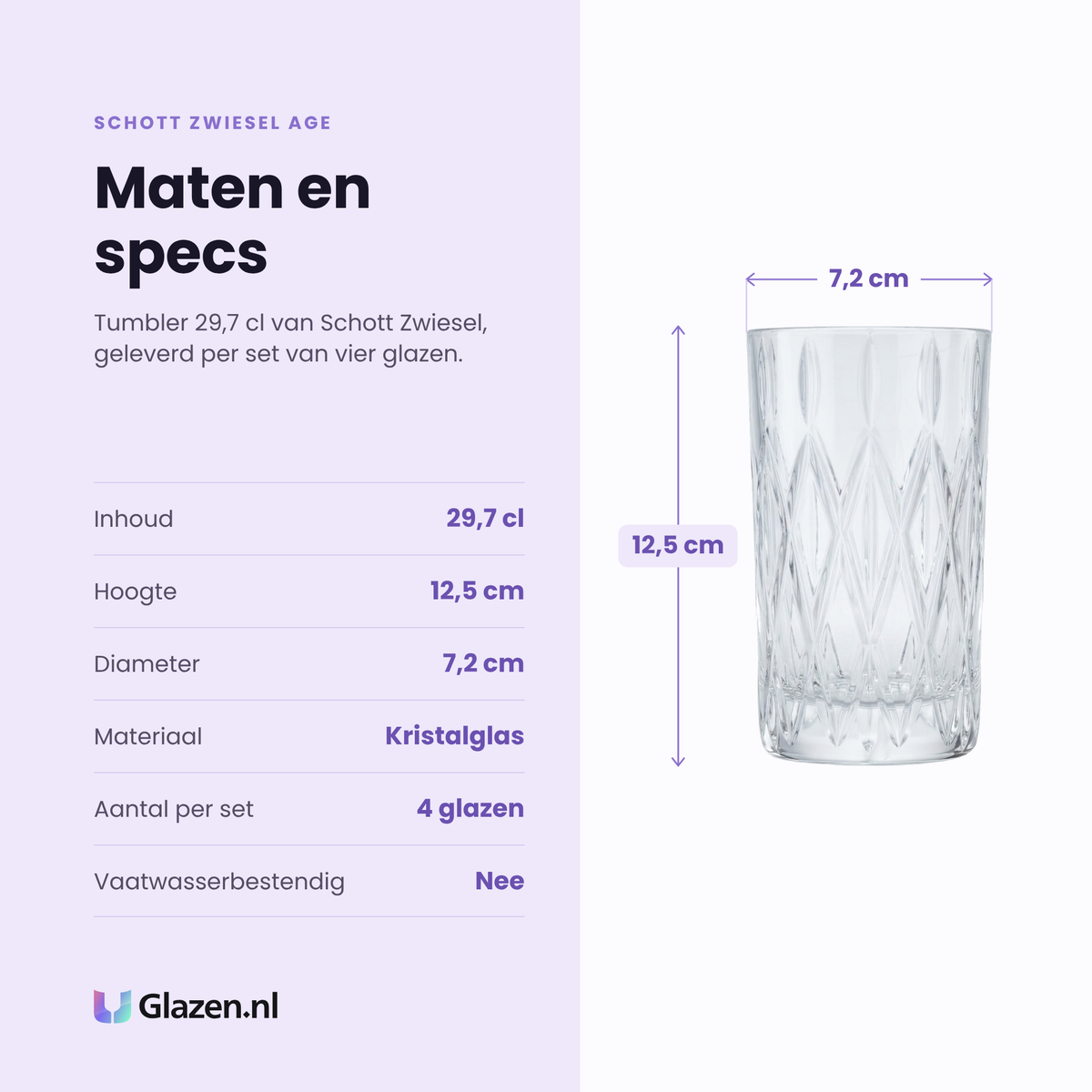Schott Zwiesel Age tumbler 29,7 cl specificaties: inhoud 29,7 cl, hoogte 12,5 cm, diameter 7,2 cm, kristalglas, set van 4