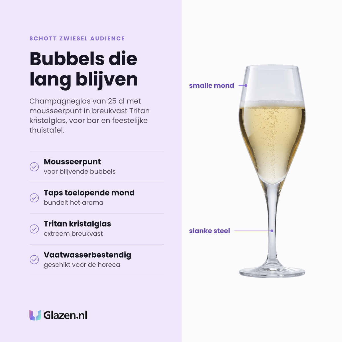 Schott Zwiesel Audience champagneflute 25 cl eigenschappen: mousseerpunt, taps toelopende mond, extreem breukvast tritan kristalglas, vaatwasserbestendig