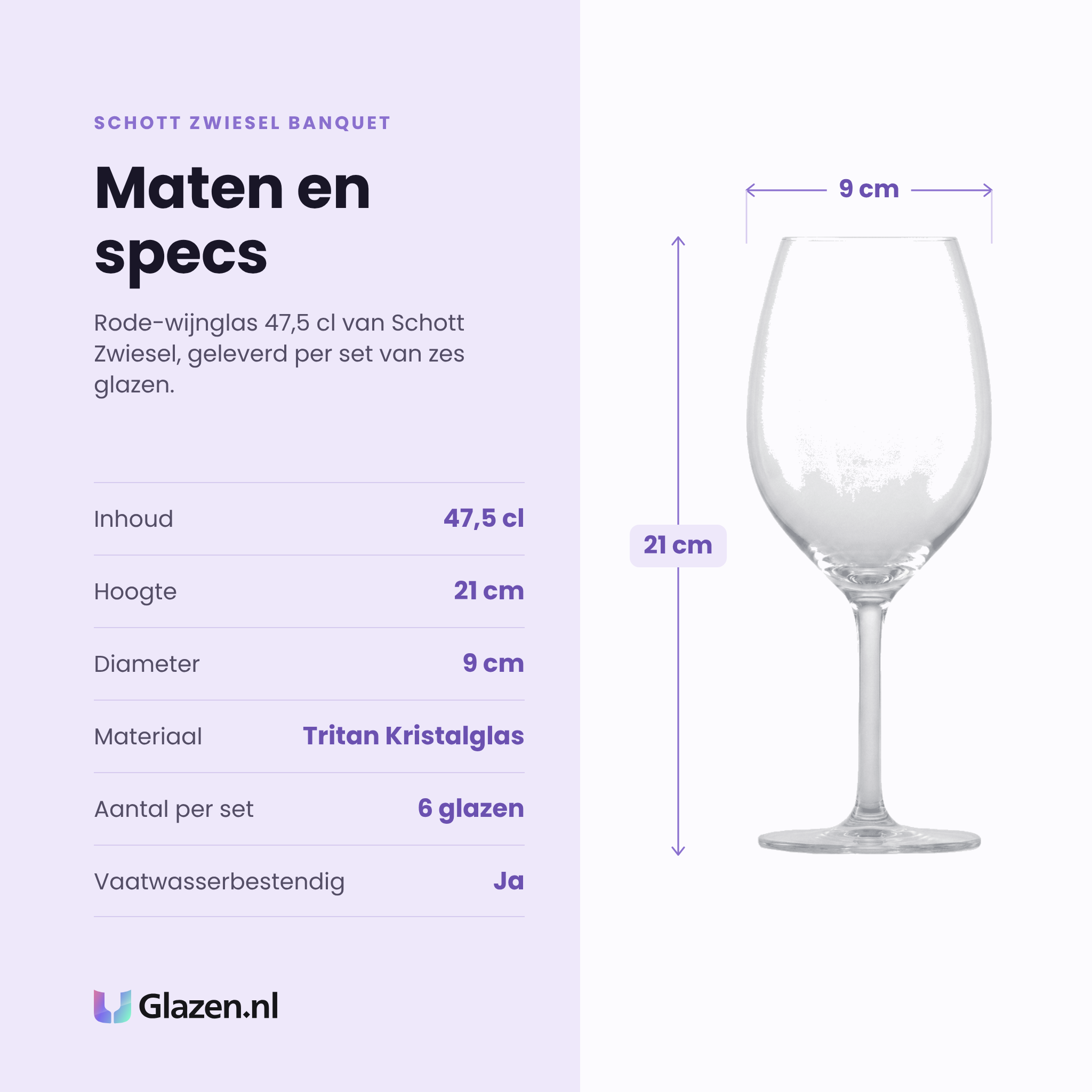 Schott Zwiesel Banquet wijnglas 47,5 cl specificaties: inhoud 47,5 cl, hoogte 21 cm, diameter 9 cm, tritan kristalglas, set van 6