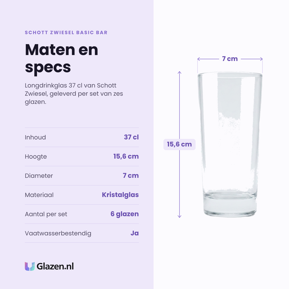 Schott Zwiesel Basic Bar Selection longdrinkglas 37 cl specificaties: inhoud 37 cl, hoogte 15,6 cm, diameter 7 cm, kristalglas, set van 6