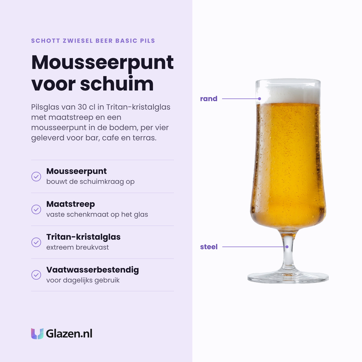Schott Zwiesel Beer Basic Pils pilsglas 30 cl eigenschappen: mousseerpunt voor schuim, maatstreep, tritan-kristalglas, vaatwasserbestendig