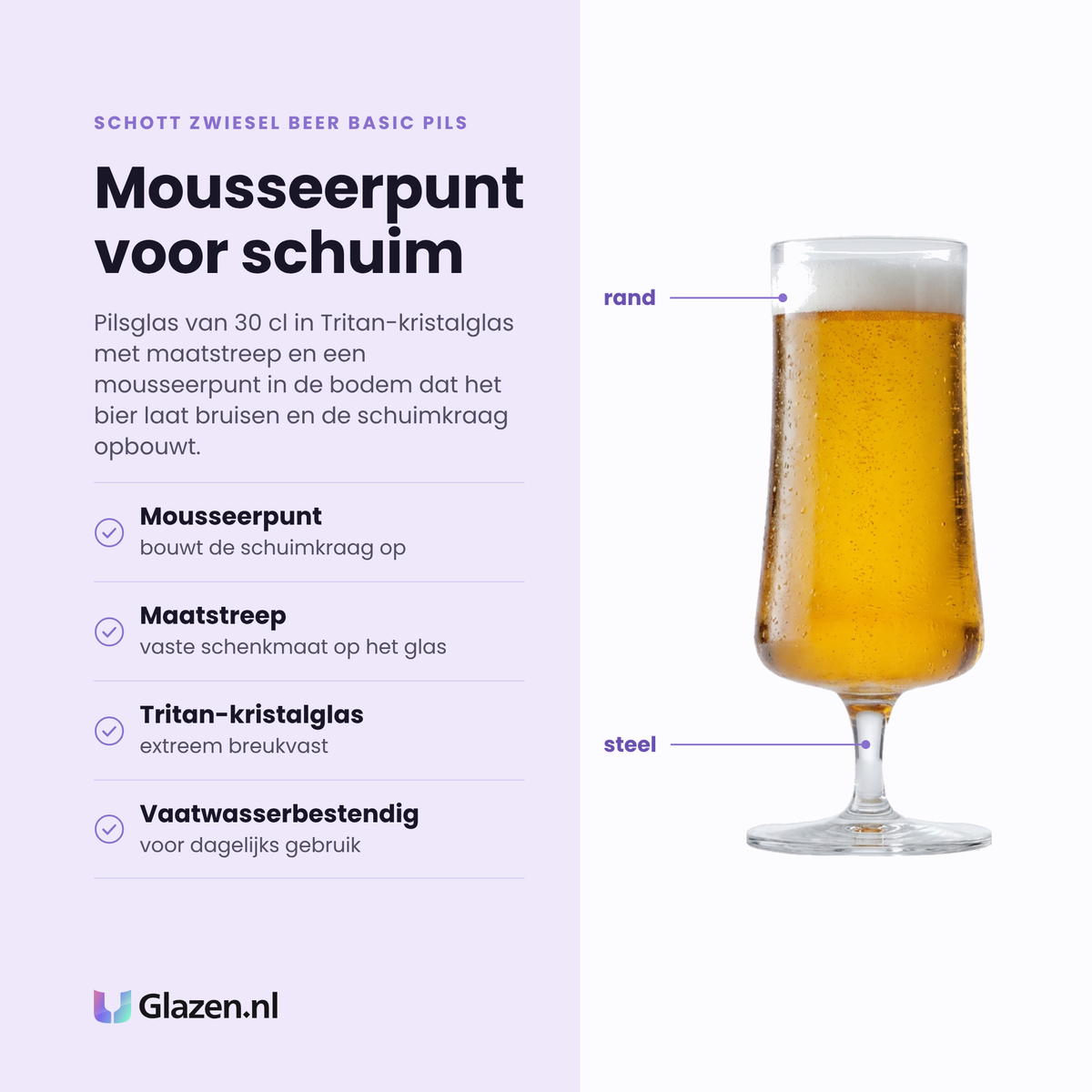 Schott Zwiesel Beer Basic Pils pilsglas 30 cl eigenschappen: mousseerpunt voor schuim, maatstreep, tritan-kristalglas, vaatwasserbestendig