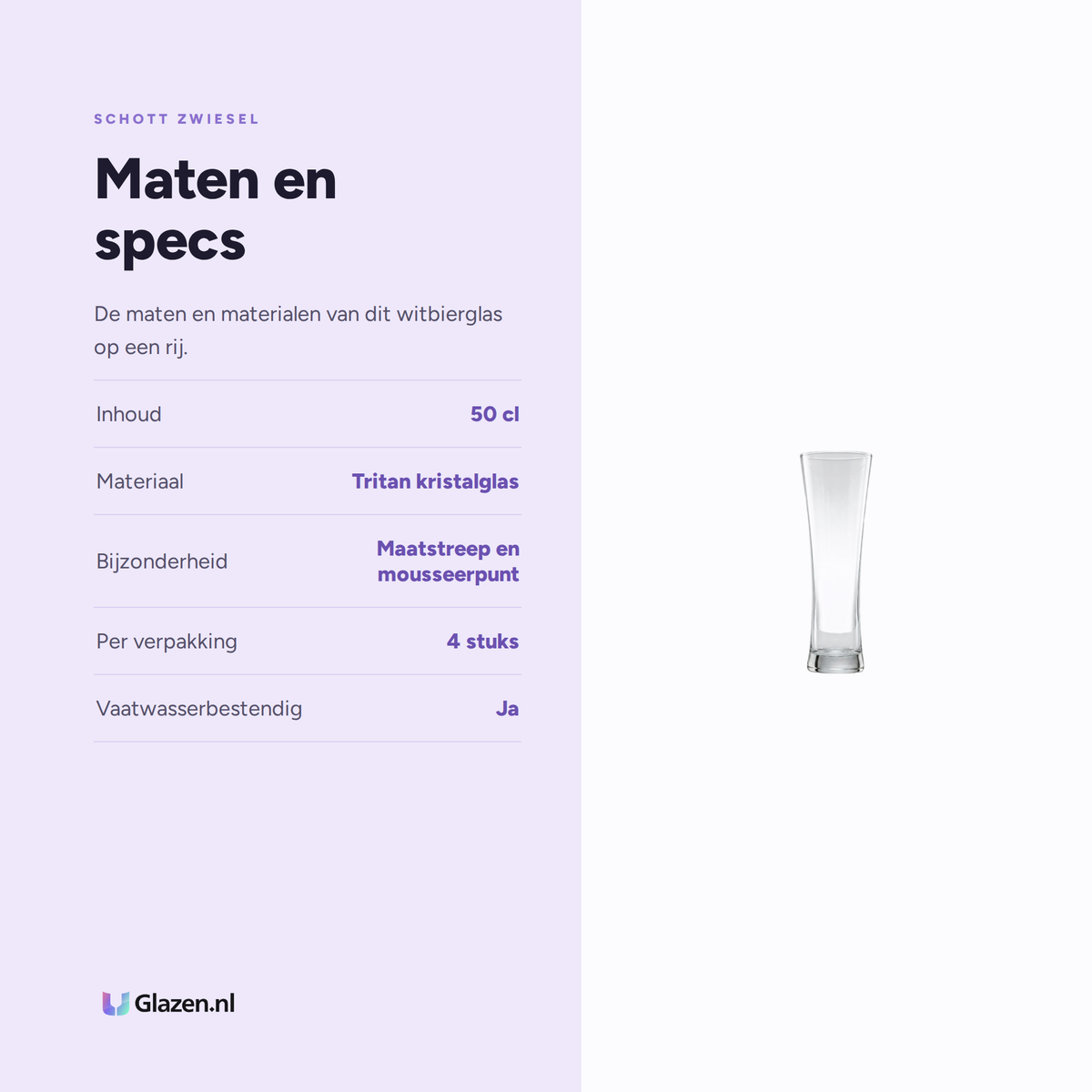 Maten en specificaties van de Schott Zwiesel Beer Basic Witbierglas 50 Cl met Maatstreep - 4 Stuks