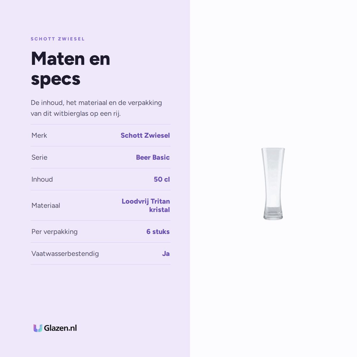 Maten en specs van Schott Zwiesel Beer Basic Witbierglas 50 Cl met Maatstreep, 6 Stuks