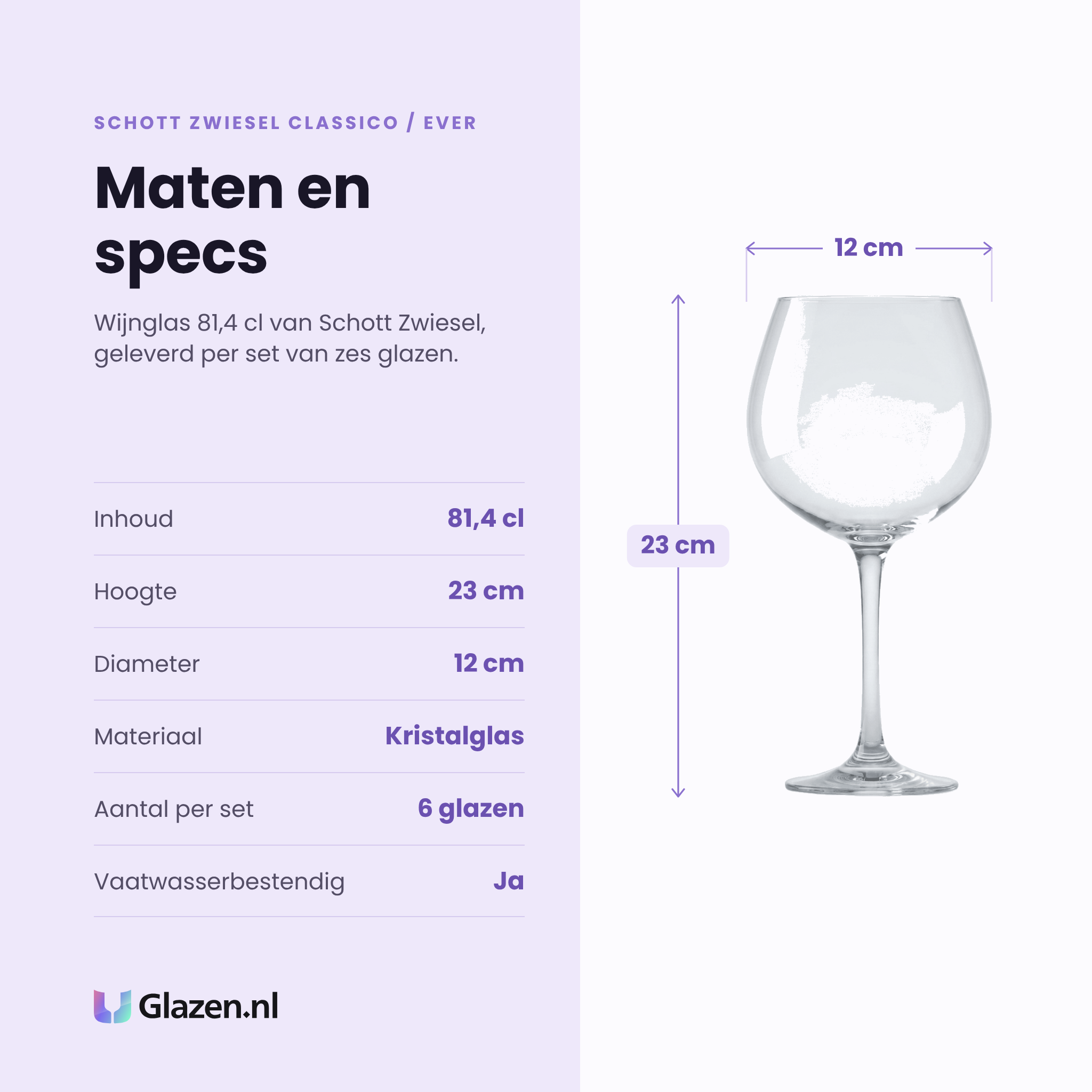 Schott Zwiesel Classico / Ever wijnglas 81,4 cl specificaties: inhoud 81,4 cl, hoogte 23 cm, diameter 12 cm, kristalglas, set van 6