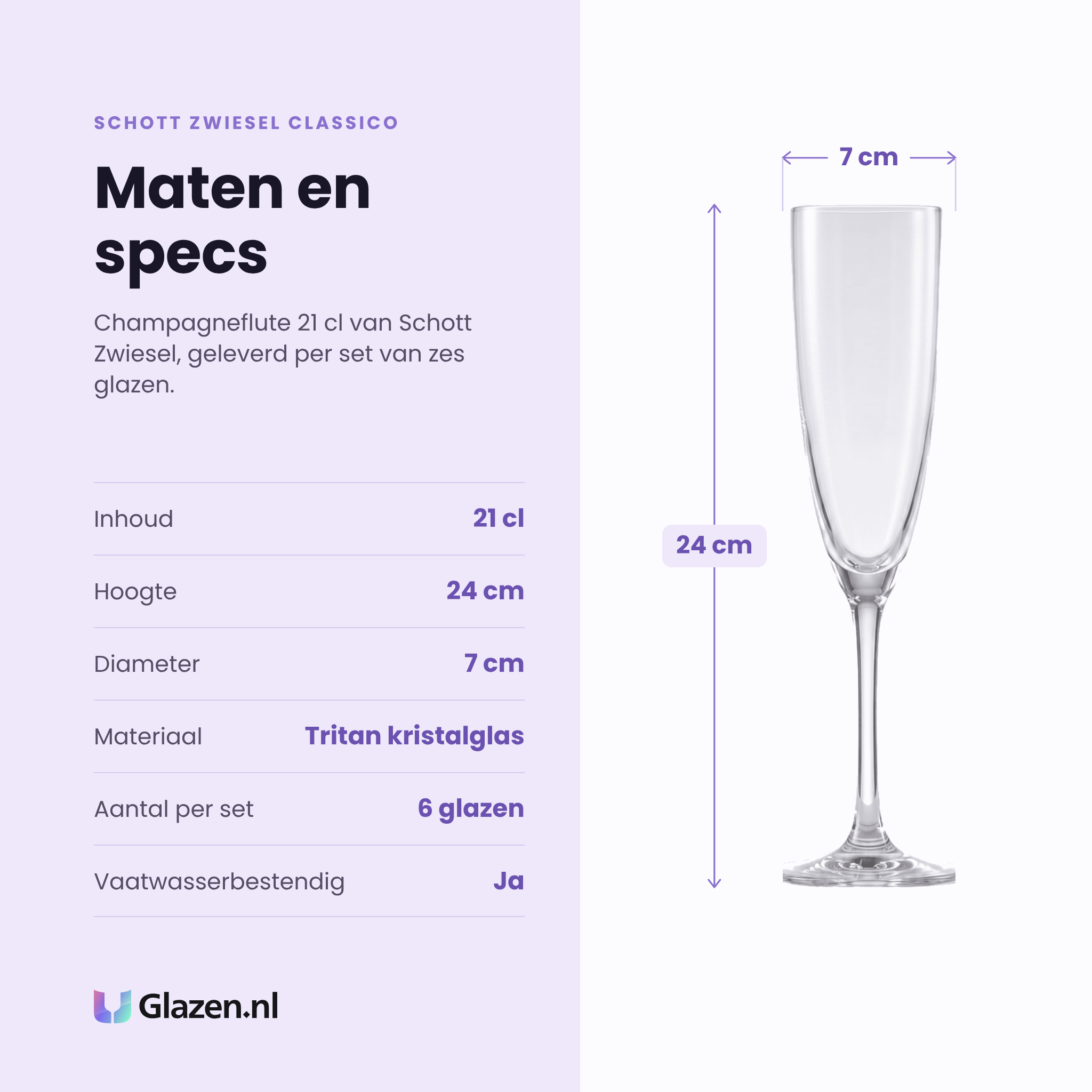 Schott Zwiesel Classico champagneflute 21 cl specificaties: inhoud 21 cl, hoogte 24 cm, diameter 7 cm, tritan kristalglas, set van 6
