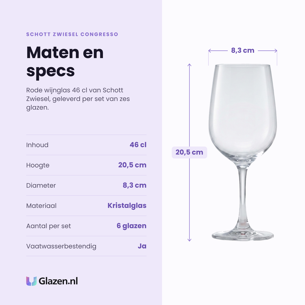 Schott Zwiesel Congresso rode wijnglas 46 cl specificaties: inhoud 46 cl, hoogte 20,5 cm, diameter 8,3 cm, kristalglas, set van 6