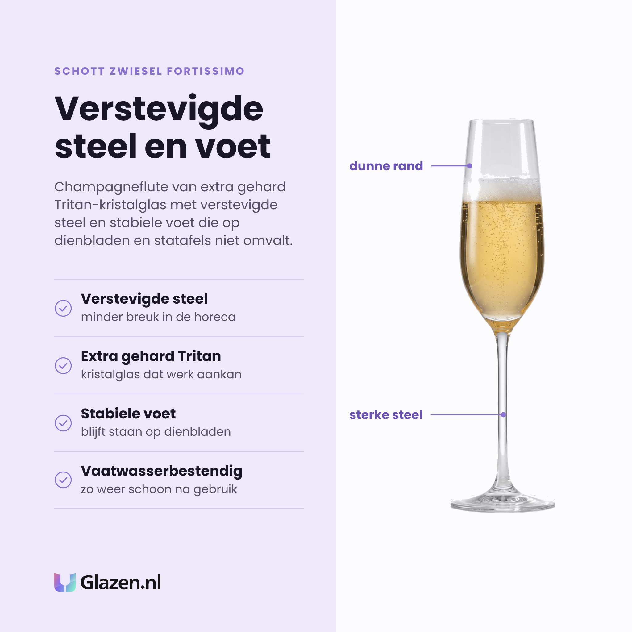 Schott Zwiesel Fortissimo champagneflute 24 cl eigenschappen: verstevigde steel, extra gehard tritan-kristalglas, stabiele voet op dienbladen, vaatwasserbestendig