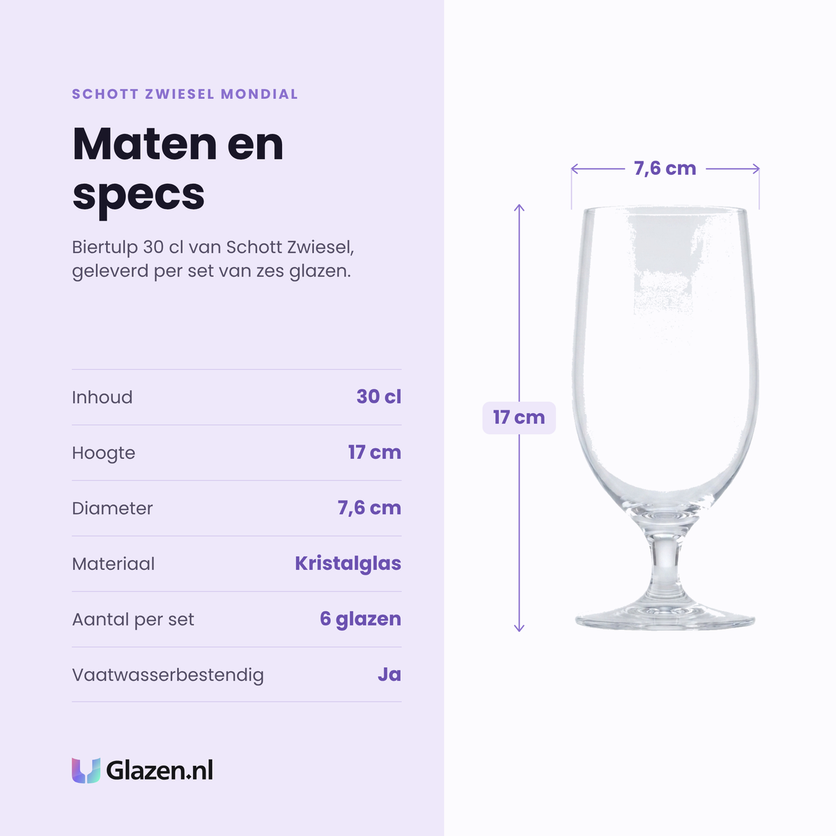Schott Zwiesel Mondial biertulp 30 cl specificaties: inhoud 30 cl, hoogte 17 cm, diameter 7,6 cm, kristalglas, set van 6