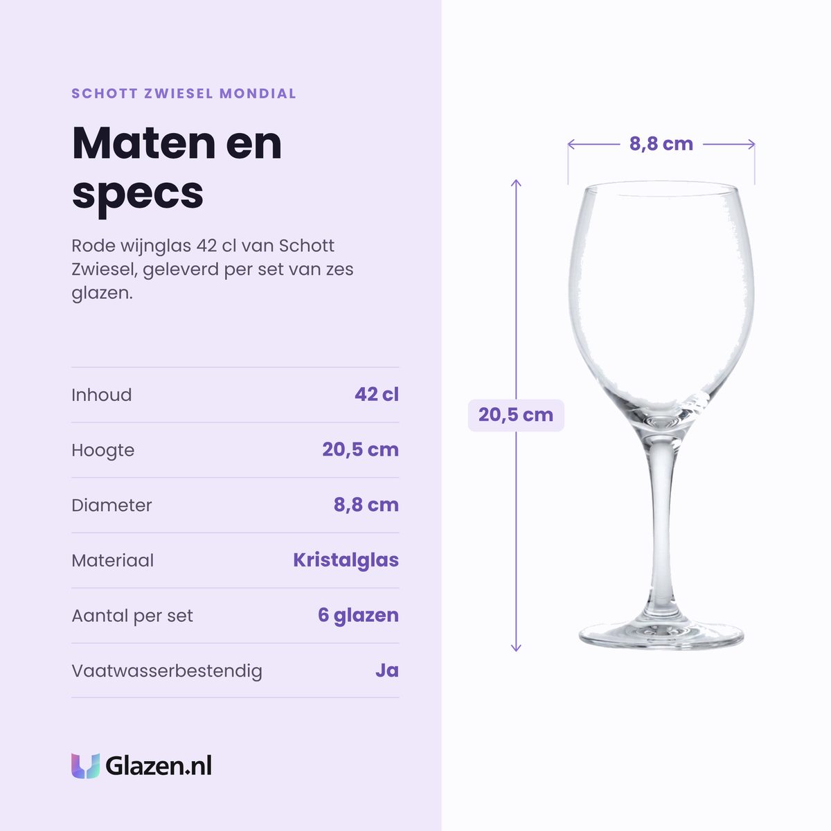 Schott Zwiesel Mondial rode wijnglas 42 cl specificaties: inhoud 42 cl, hoogte 20,5 cm, diameter 8,8 cm, kristalglas, set van 6