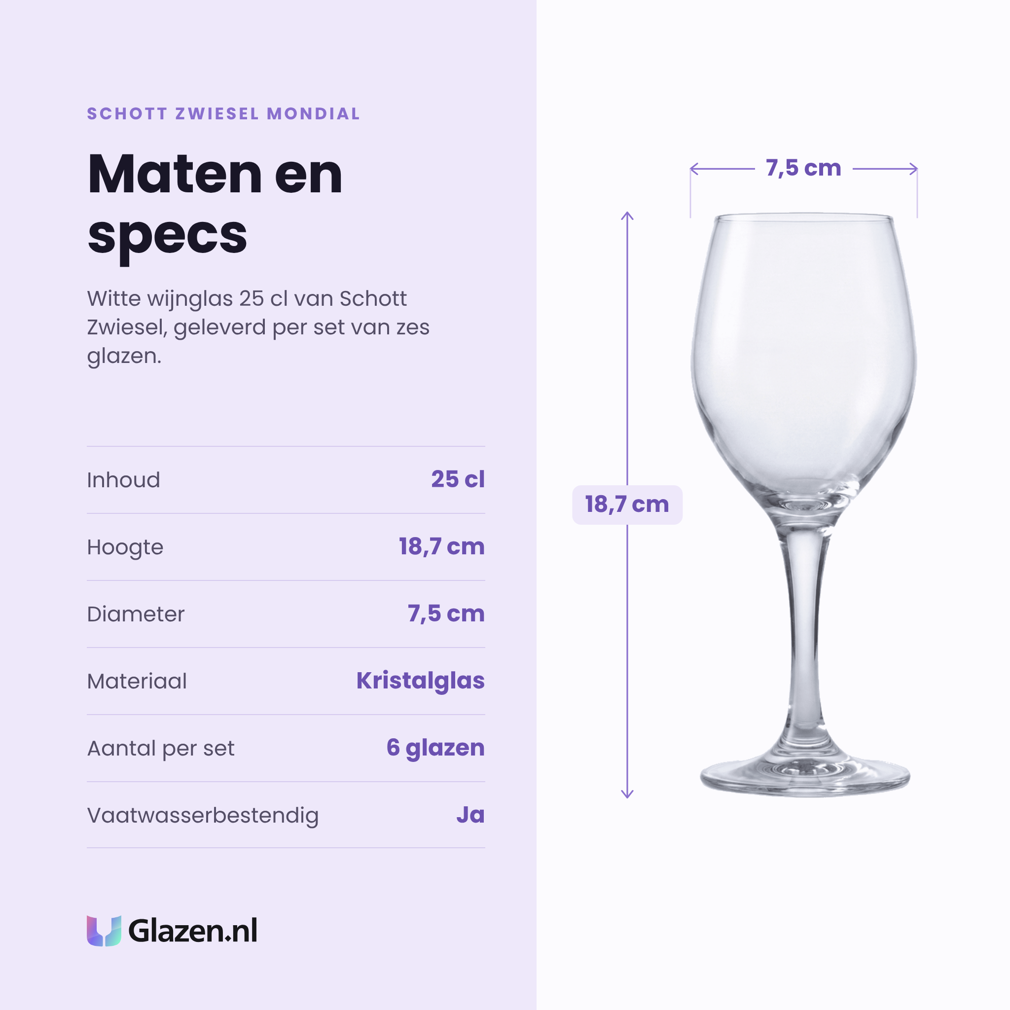 Schott Zwiesel Mondial witte wijnglas 25 cl specificaties: inhoud 25 cl, hoogte 18,7 cm, diameter 7,5 cm, kristalglas, set van 6
