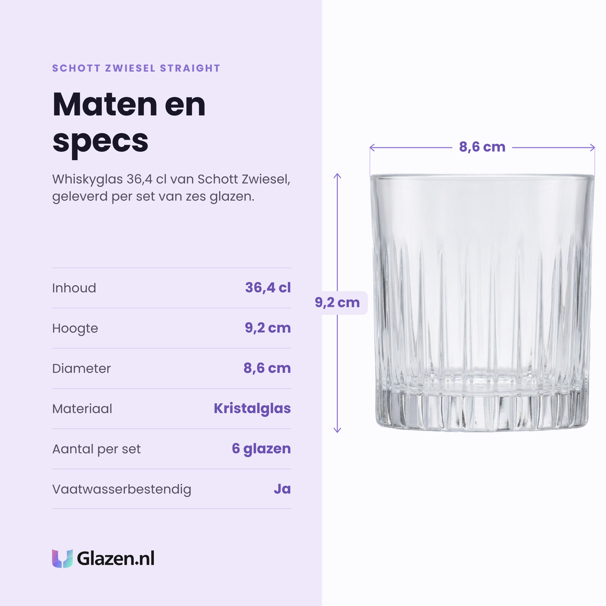 Schott Zwiesel Straight whiskyglas 36,4 cl specificaties: inhoud 36,4 cl, hoogte 9,2 cm, diameter 8,6 cm, kristalglas, set van 6