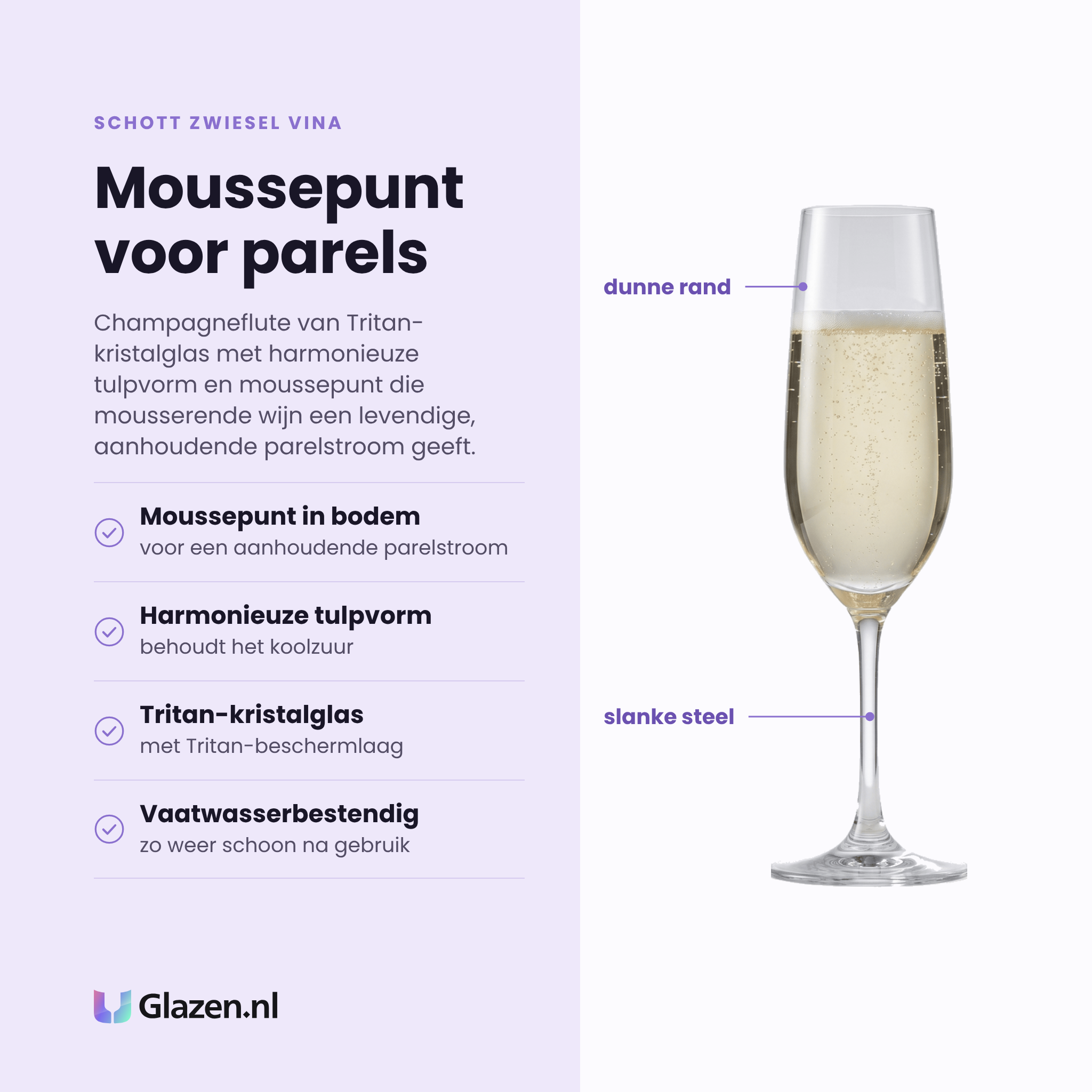 Schott Zwiesel Vina champagneflute 22,7 cl eigenschappen: moussepunt voor aanhoudende parelstroom, harmonieuze tulpvorm, tritan-kristalglas met beschermlaag, vaatwasserbestendig