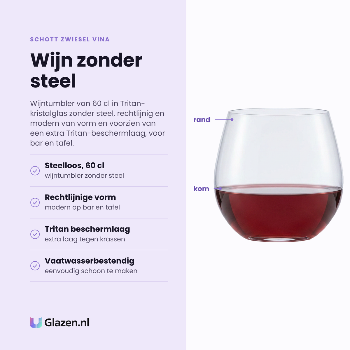 Schott Zwiesel Vina wijntumbler 60 cl eigenschappen: steelloze wijntumbler, inhoud 60 cl, tritan beschermlaag, vaatwasserbestendig