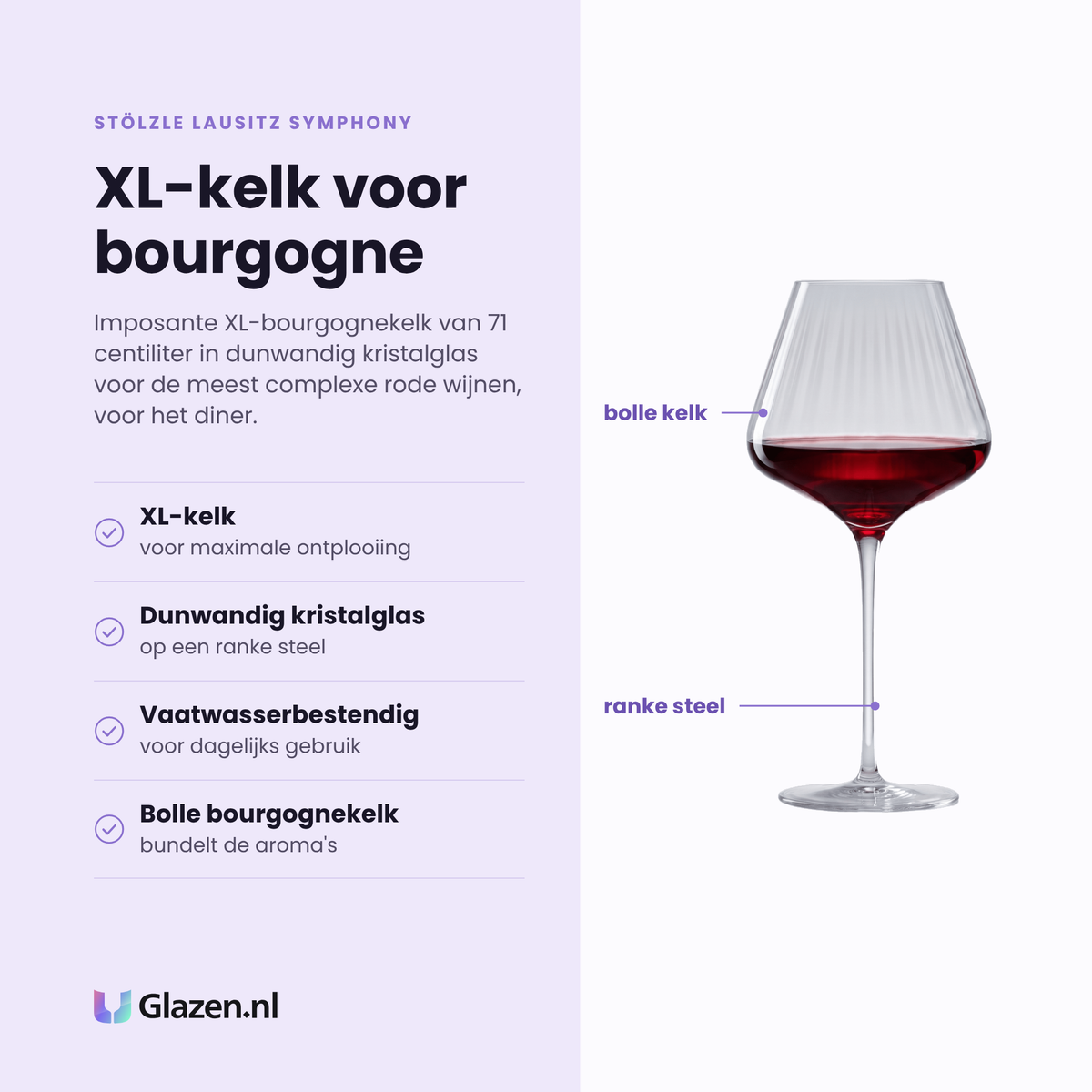 Stölzle Lausitz Symphony wijnglas 71 cl eigenschappen: xl-kelk, dunwandig kristalglas, vaatwasserbestendig, bolle bourgognekelk