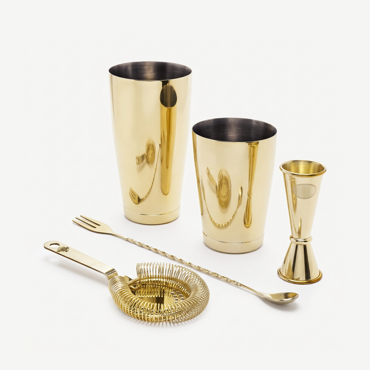Speakeasy cocktail set goud met Boston shaker, hawthorn strainer, barlepel en jigger