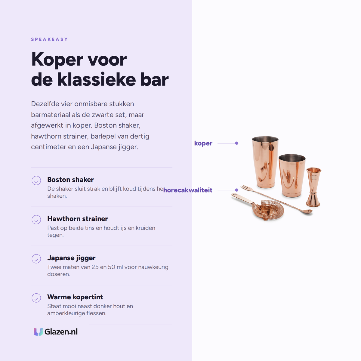 Eigenschappen van de koperen Speakeasy cocktail set