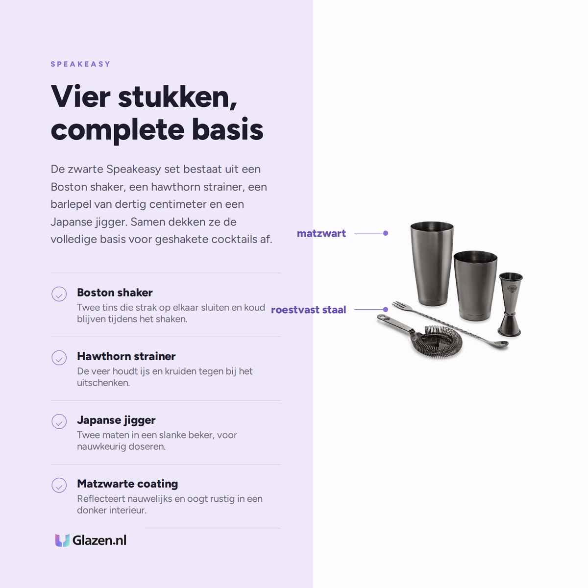 Eigenschappen van de zwarte Speakeasy cocktail set