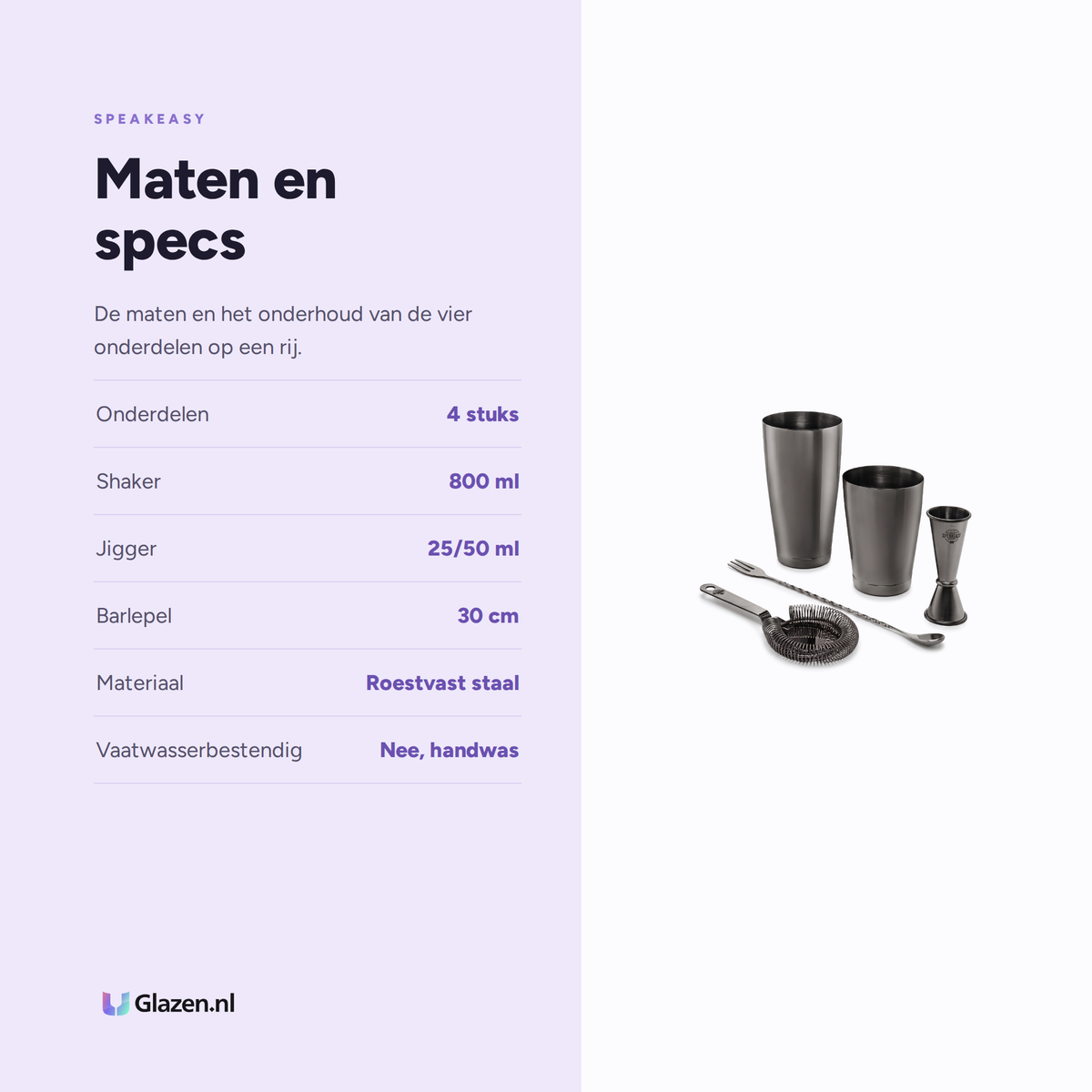 Maten en specificaties van de zwarte Speakeasy cocktail set