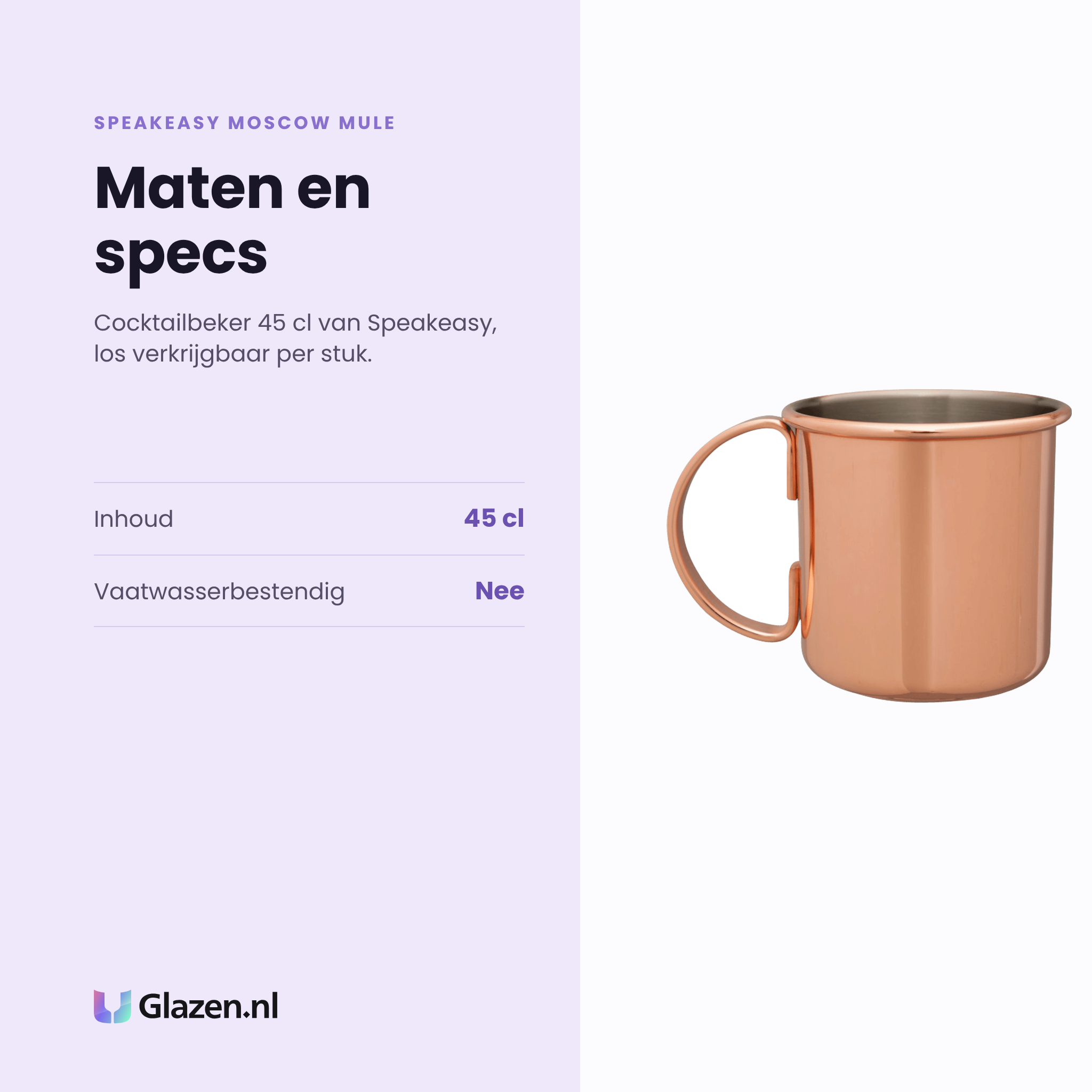 Speakeasy Moscow Mule cocktailbeker 45 cl specificaties: inhoud 45 cl, niet vaatwasserbestendig, los per stuk