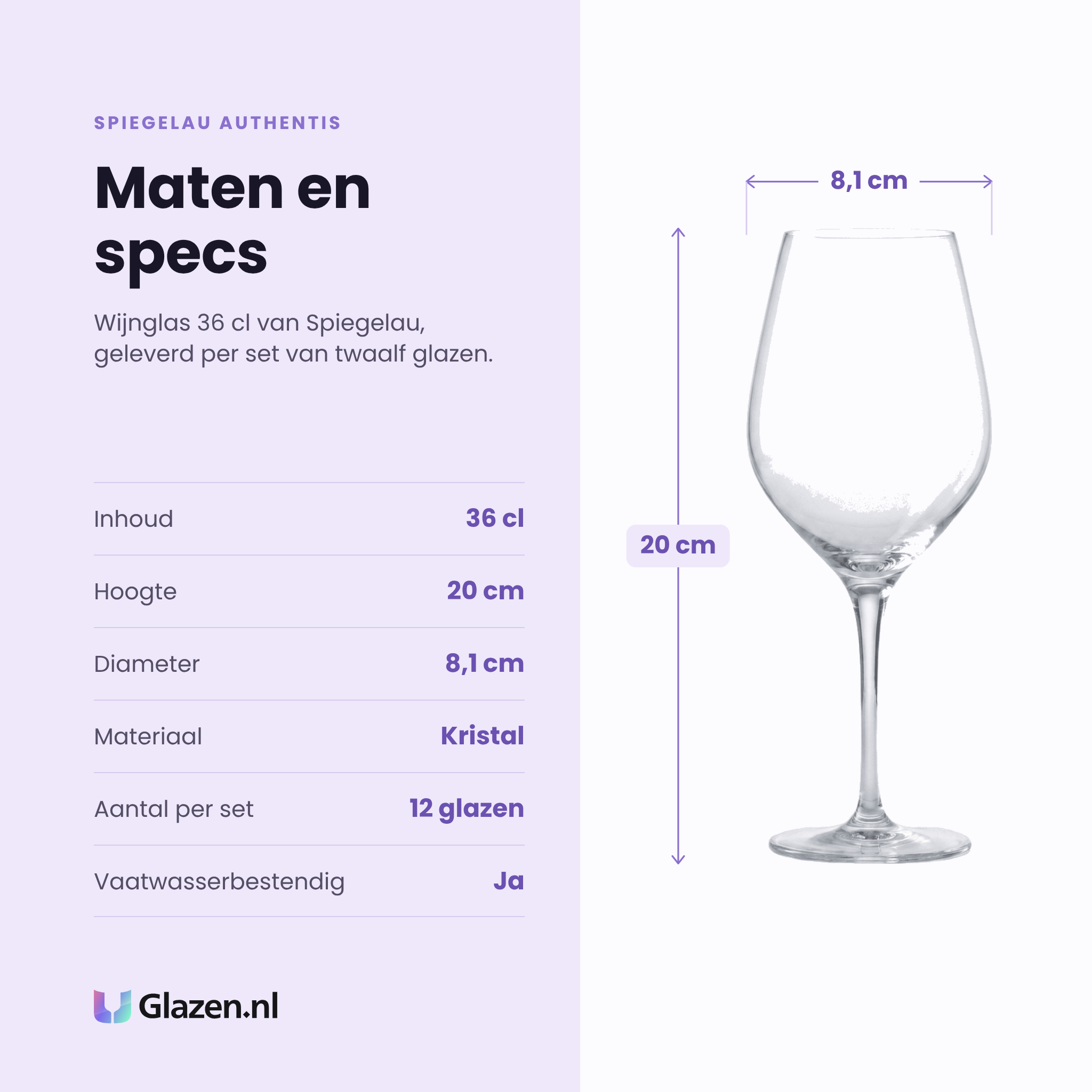 Spiegelau Authentis wijnglas 36 cl specificaties: inhoud 36 cl, hoogte 20 cm, diameter 8,1 cm, kristal, set van 12