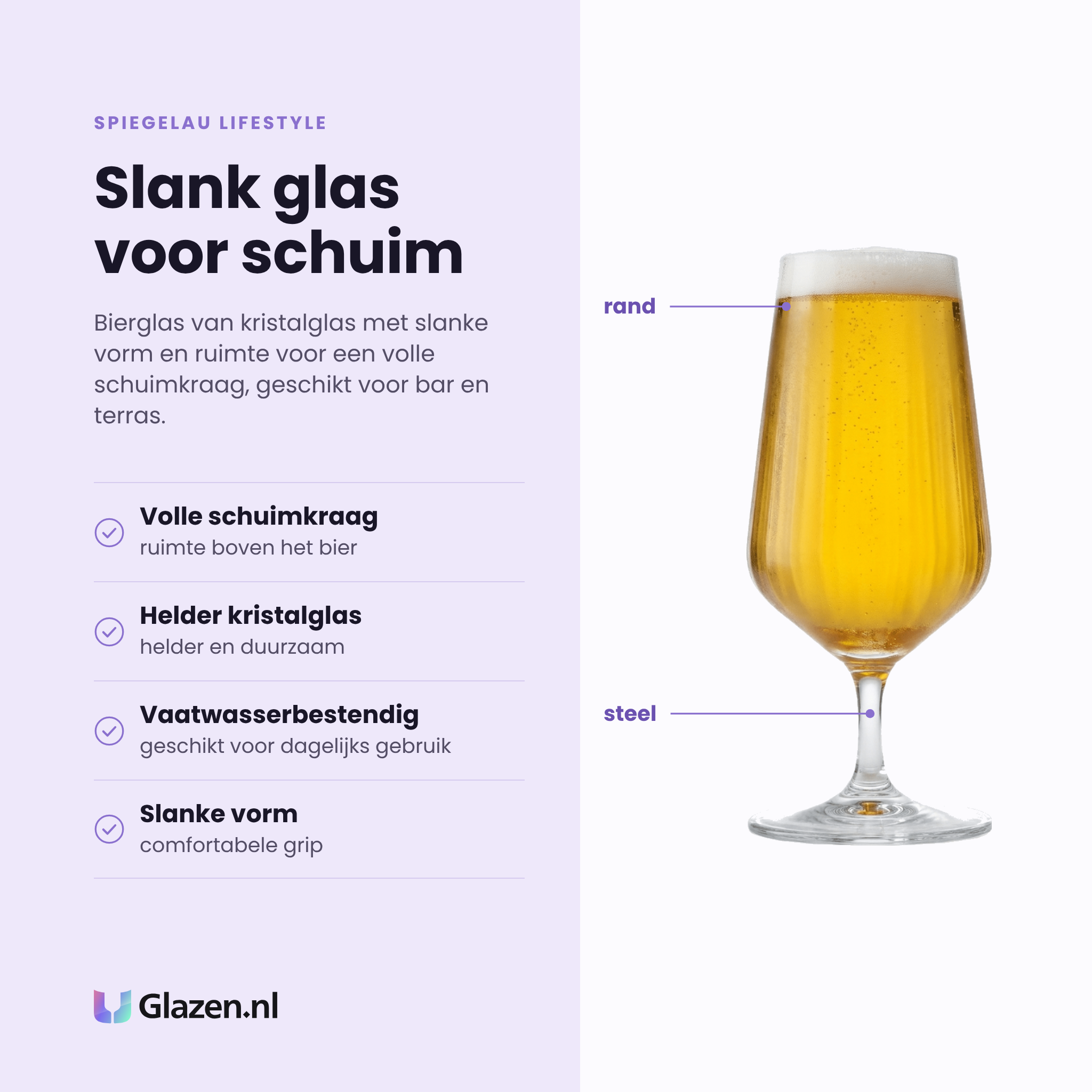 Spiegelau Lifestyle bierglas 44 cl eigenschappen: volle schuimkraag, helder kristalglas, vaatwasserbestendig, slanke vorm