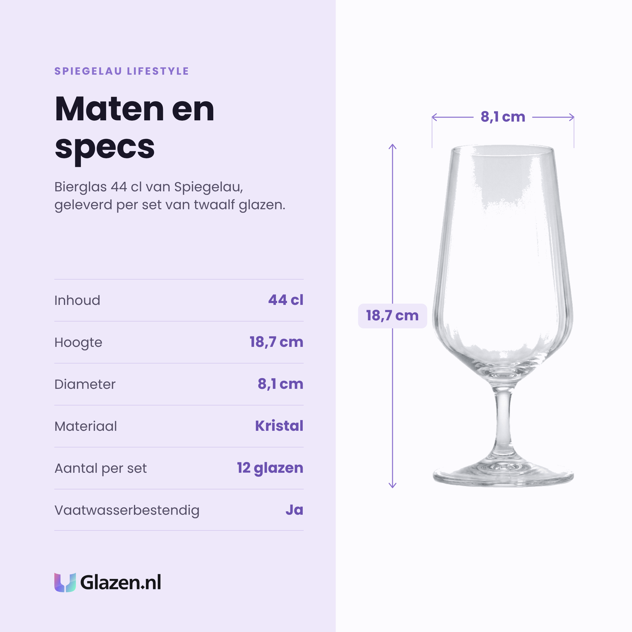 Spiegelau Lifestyle bierglas 44 cl specificaties: inhoud 44 cl, hoogte 18,7 cm, diameter 8,1 cm, kristal, set van 12