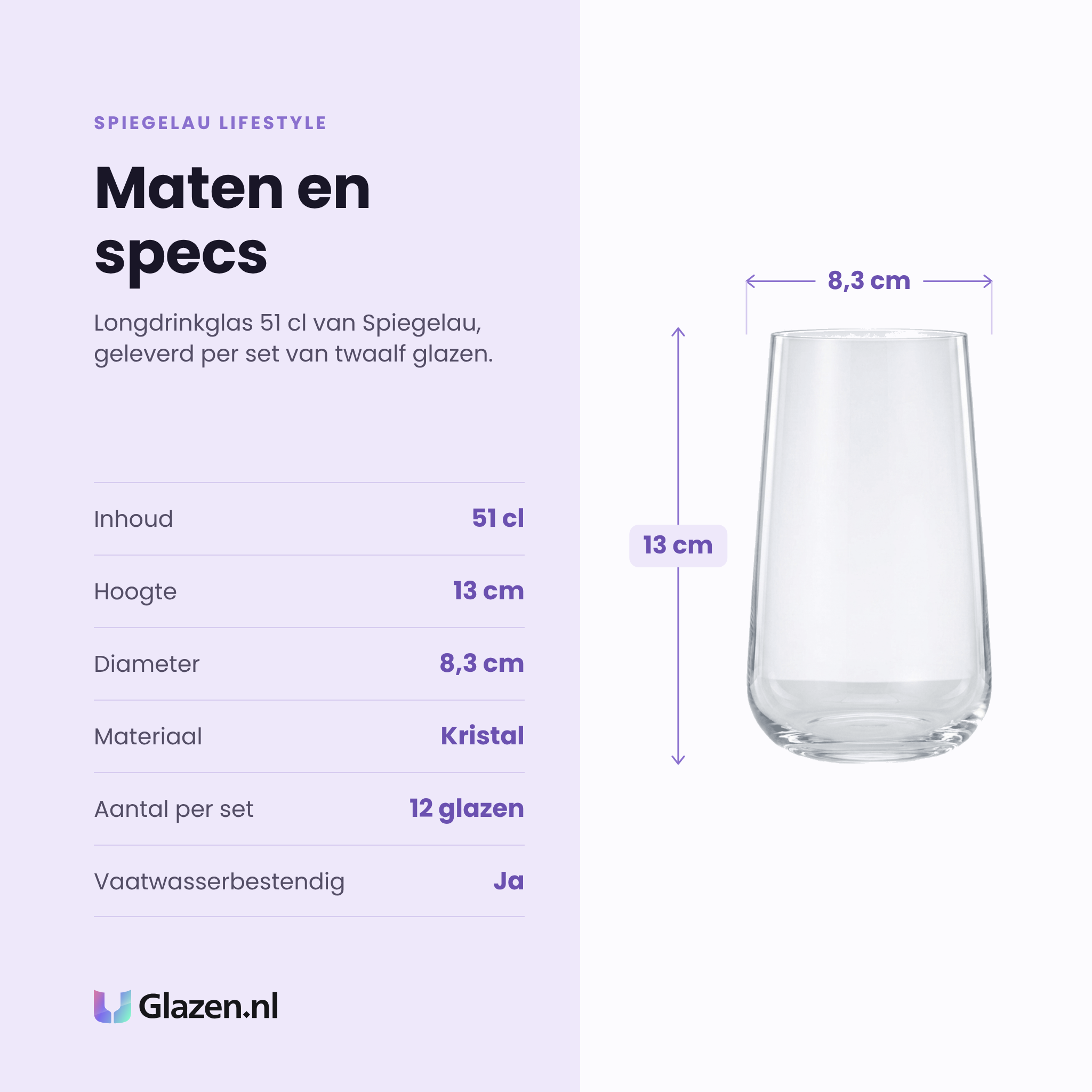 Spiegelau Lifestyle longdrinkglas 51 cl specificaties: inhoud 51 cl, hoogte 13 cm, diameter 8,3 cm, kristal, set van 12