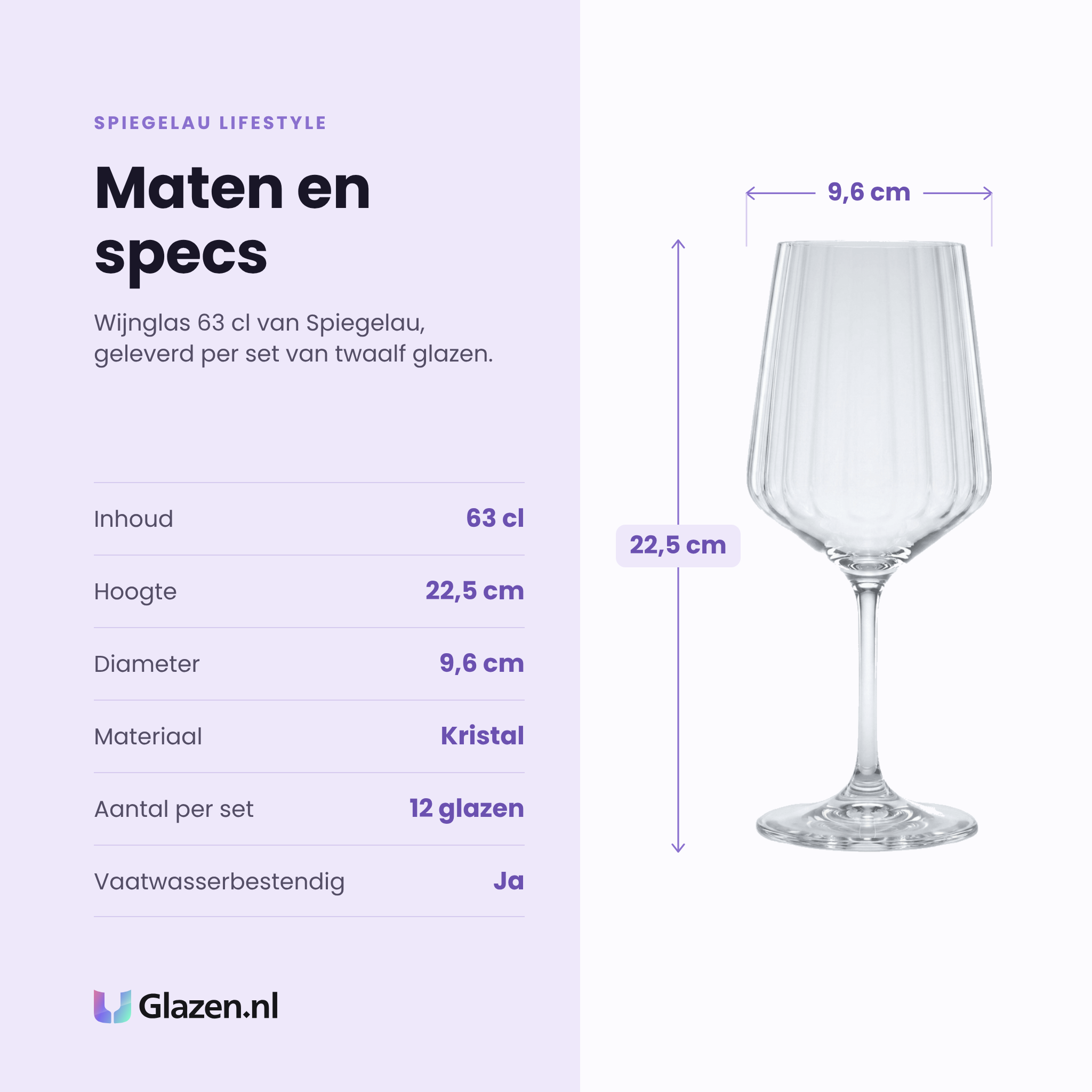 Spiegelau Lifestyle wijnglas 63 cl specificaties: inhoud 63 cl, hoogte 22,5 cm, diameter 9,6 cm, kristal, set van 12