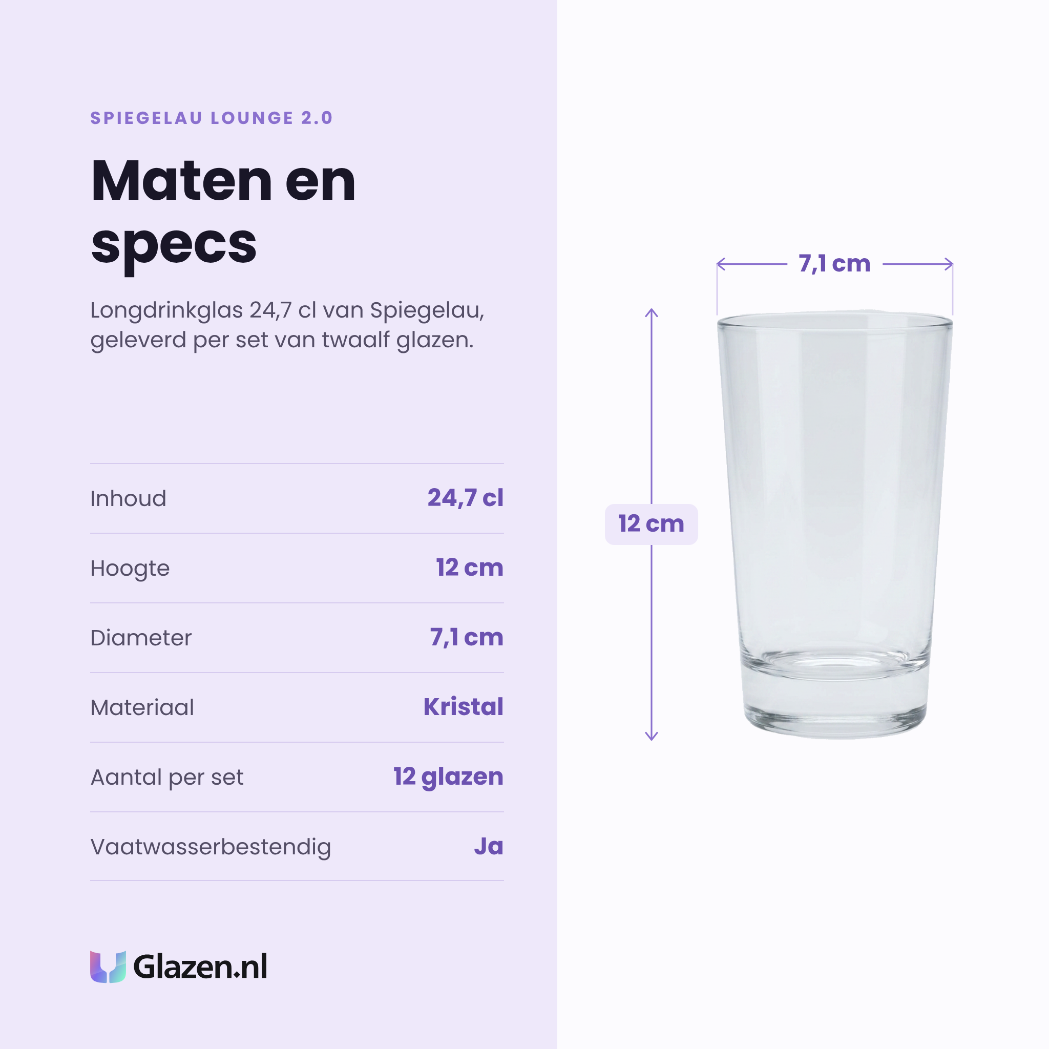 Spiegelau Lounge 2.0 longdrinkglas 24,7 cl specificaties: inhoud 24,7 cl, hoogte 12 cm, diameter 7,1 cm, kristal, set van 12