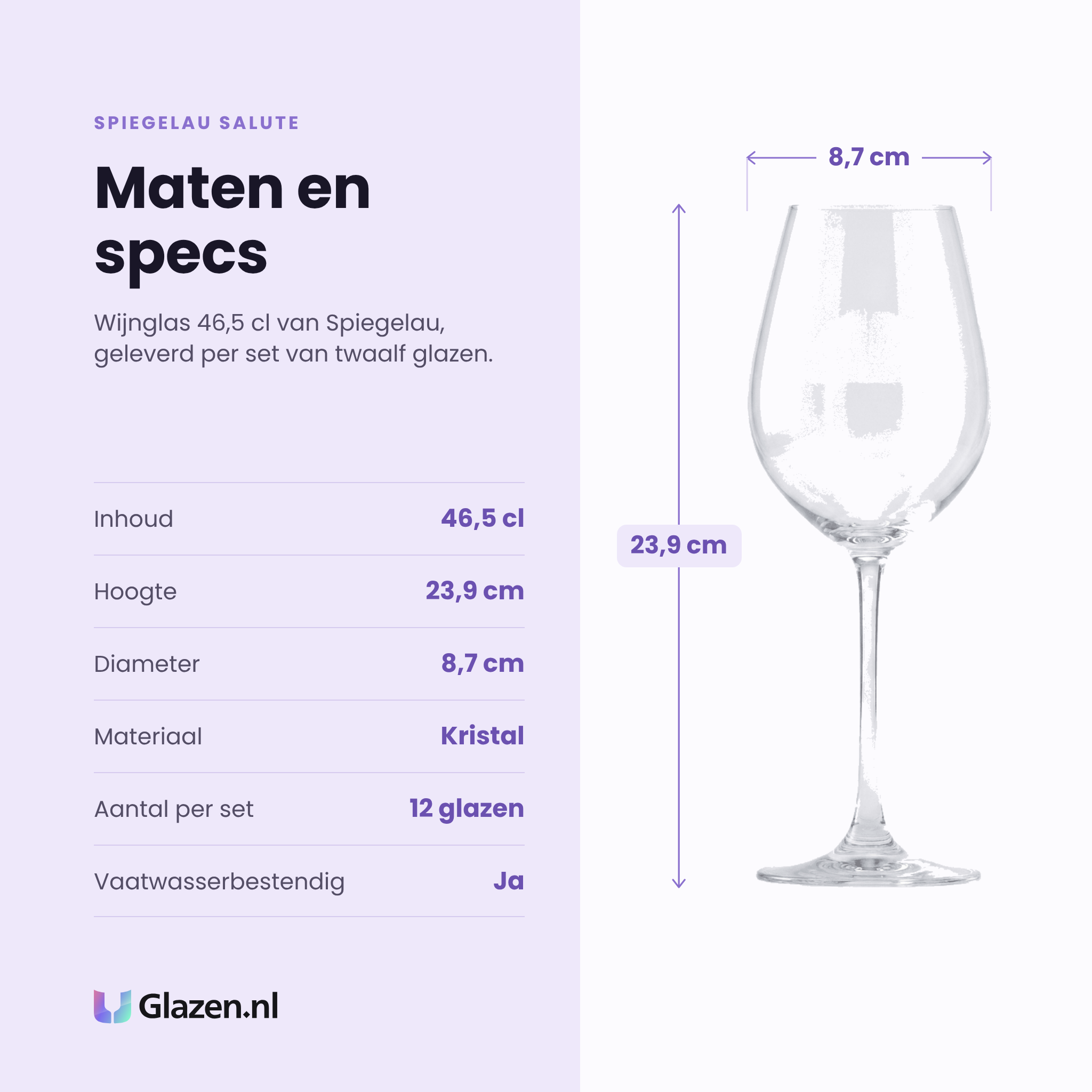 Spiegelau Salute wijnglas 46,5 cl specificaties: inhoud 46,5 cl, hoogte 23,9 cm, diameter 8,7 cm, kristalglas, set van 12