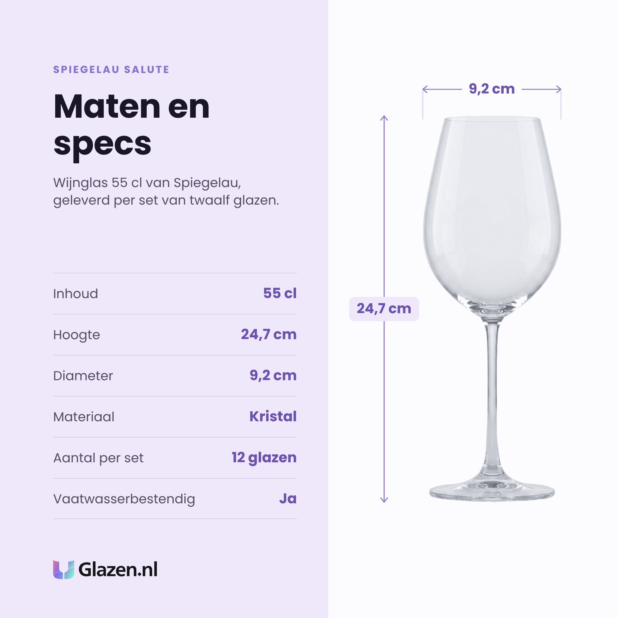 Spiegelau Salute wijnglas 55 cl specificaties: inhoud 55 cl, hoogte 24,7 cm, diameter 9,2 cm, kristalglas, set van 12