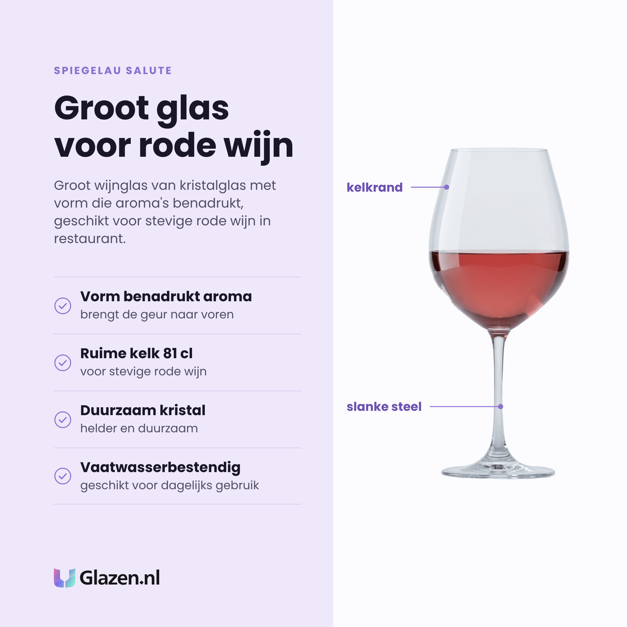Spiegelau Salute wijnglas 81 cl eigenschappen: vorm benadrukt aroma, ruime kelk voor rode wijn, duurzaam kristalglas, vaatwasserbestendig