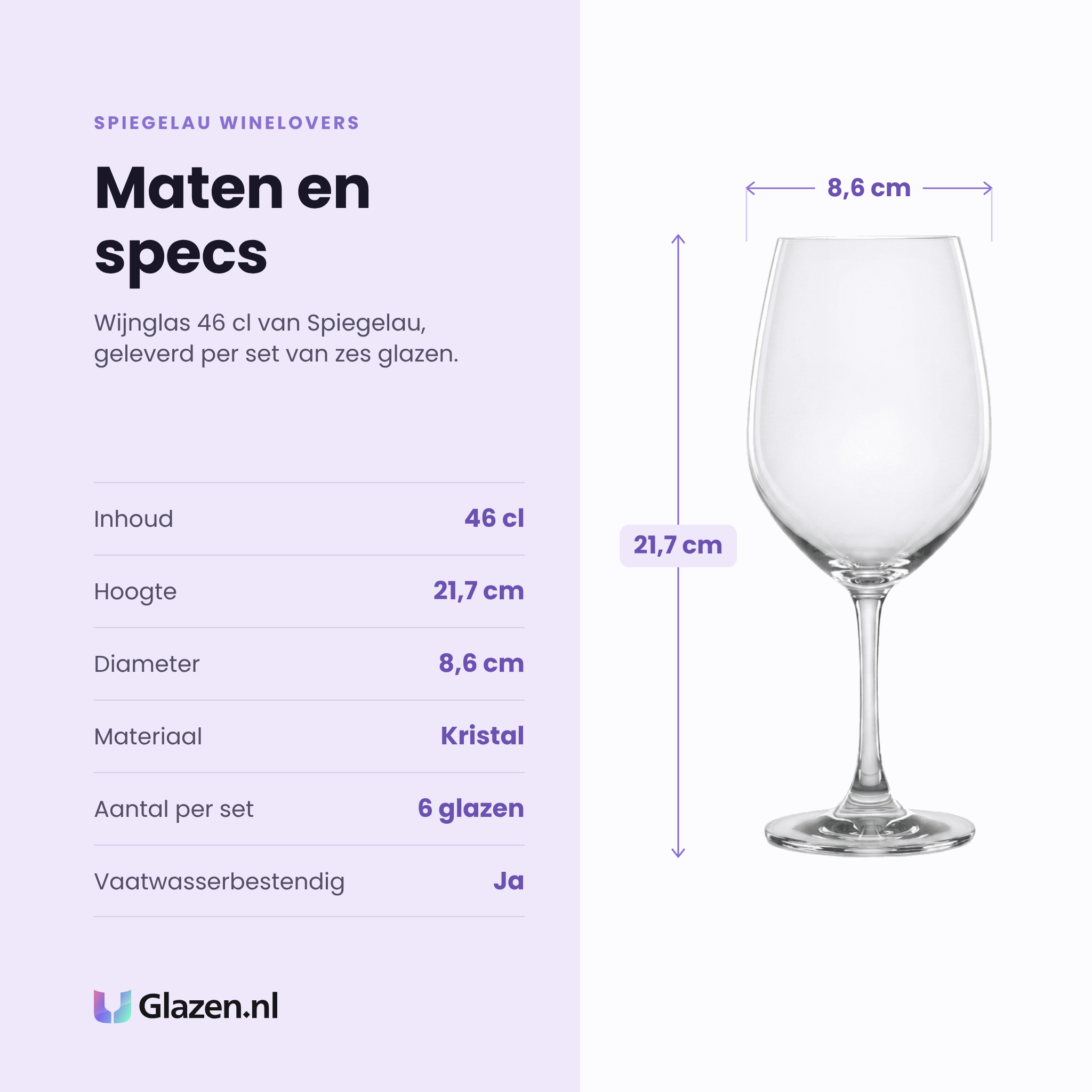 Spiegelau Winelovers wijnglas 46 cl specificaties: inhoud 46 cl, hoogte 21,7 cm, diameter 8,6 cm, kristal, set van 6